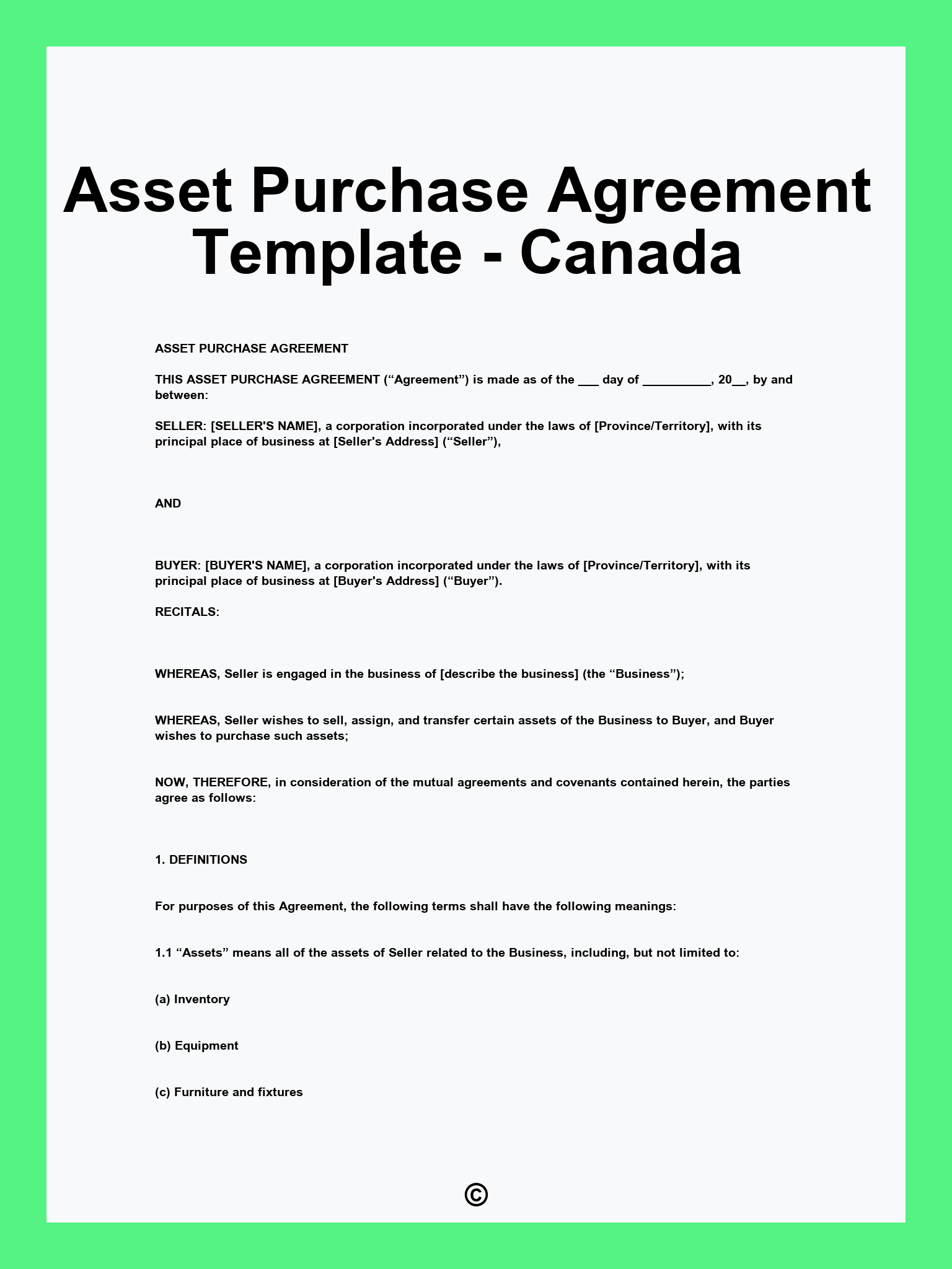 Asset Purchase Agreement Template - Canada