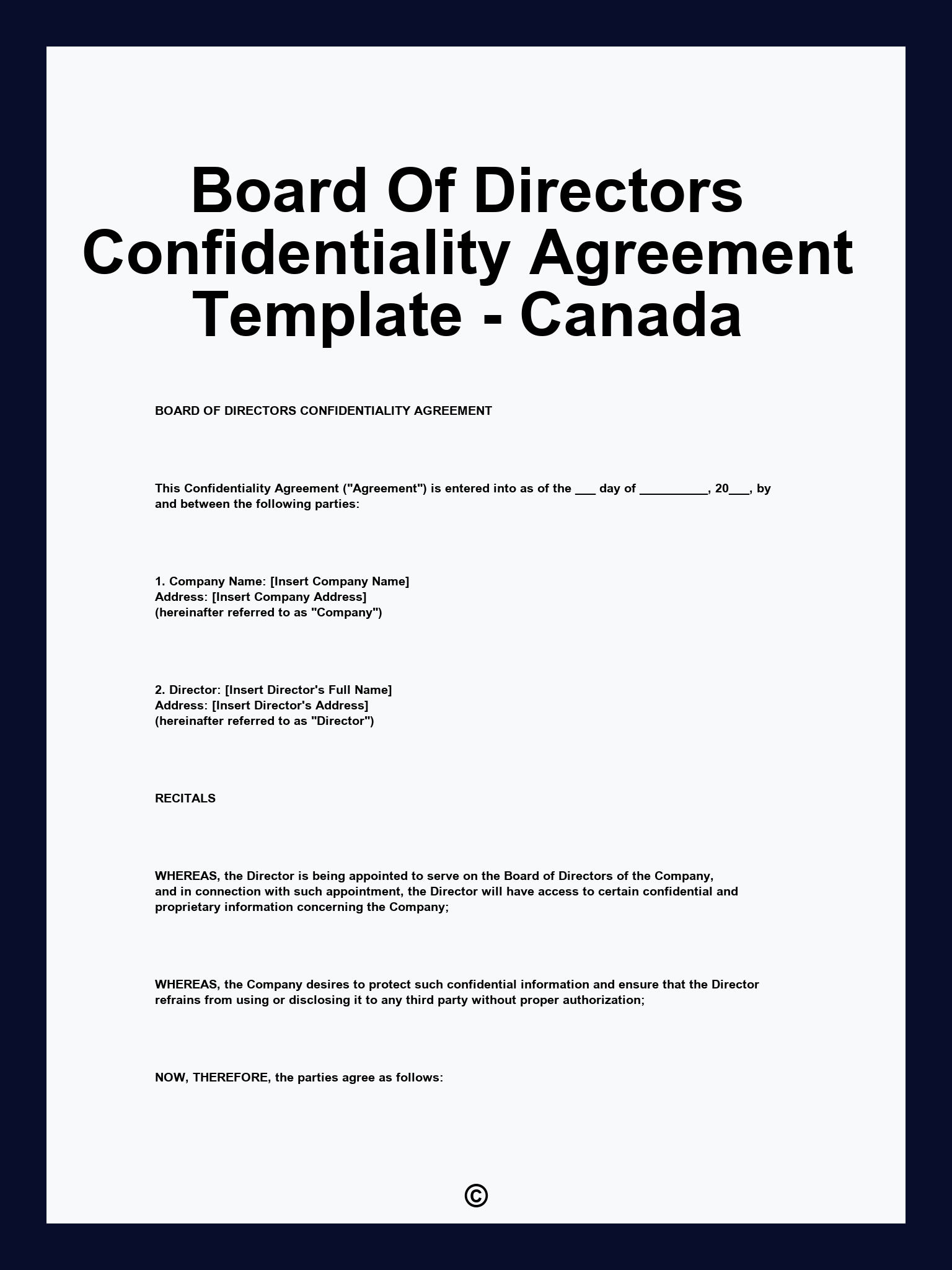 Board Of Directors Confidentiality Agreement Template - Canada