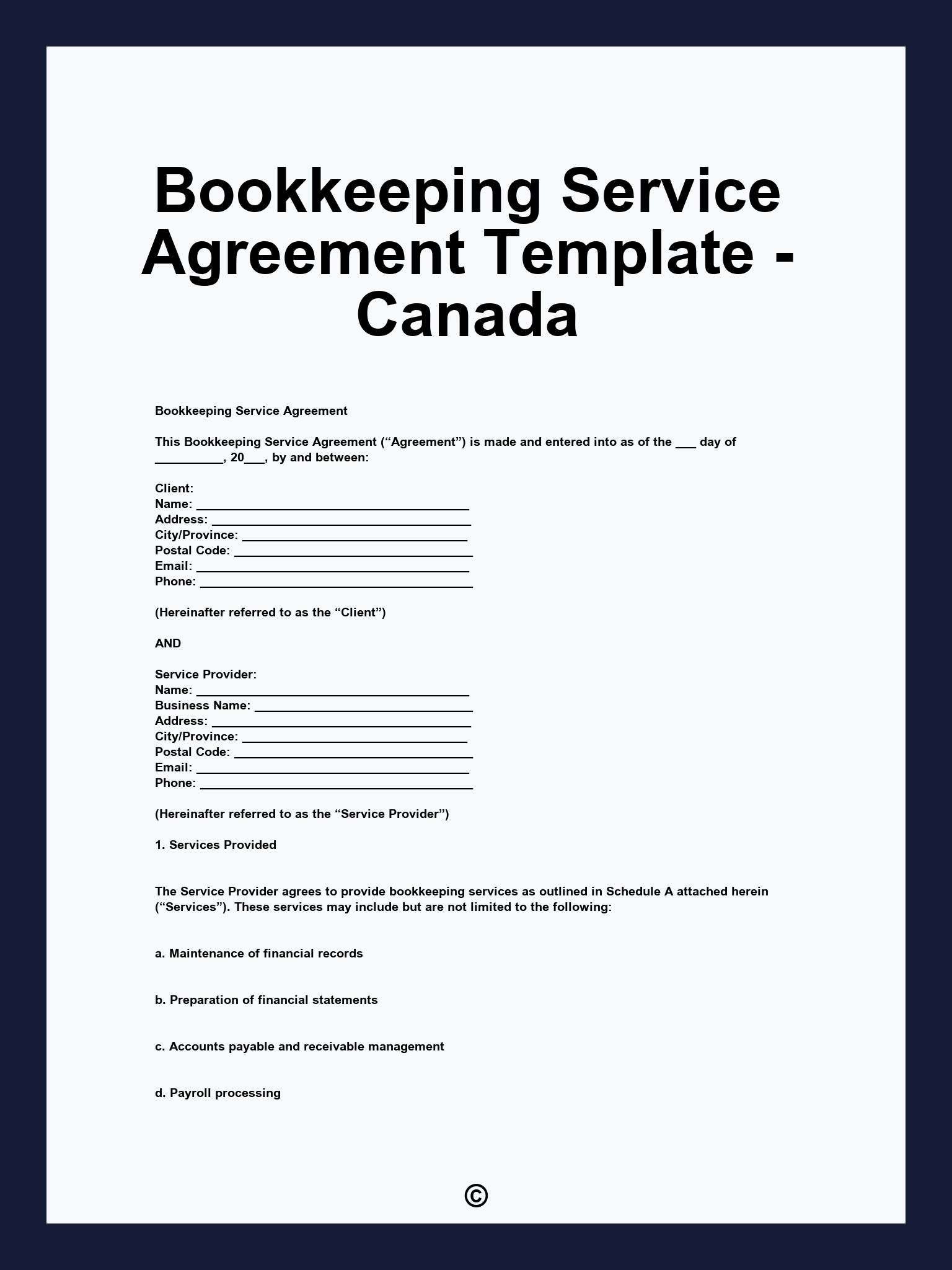 Bookkeeping Service Agreement Template - Canada