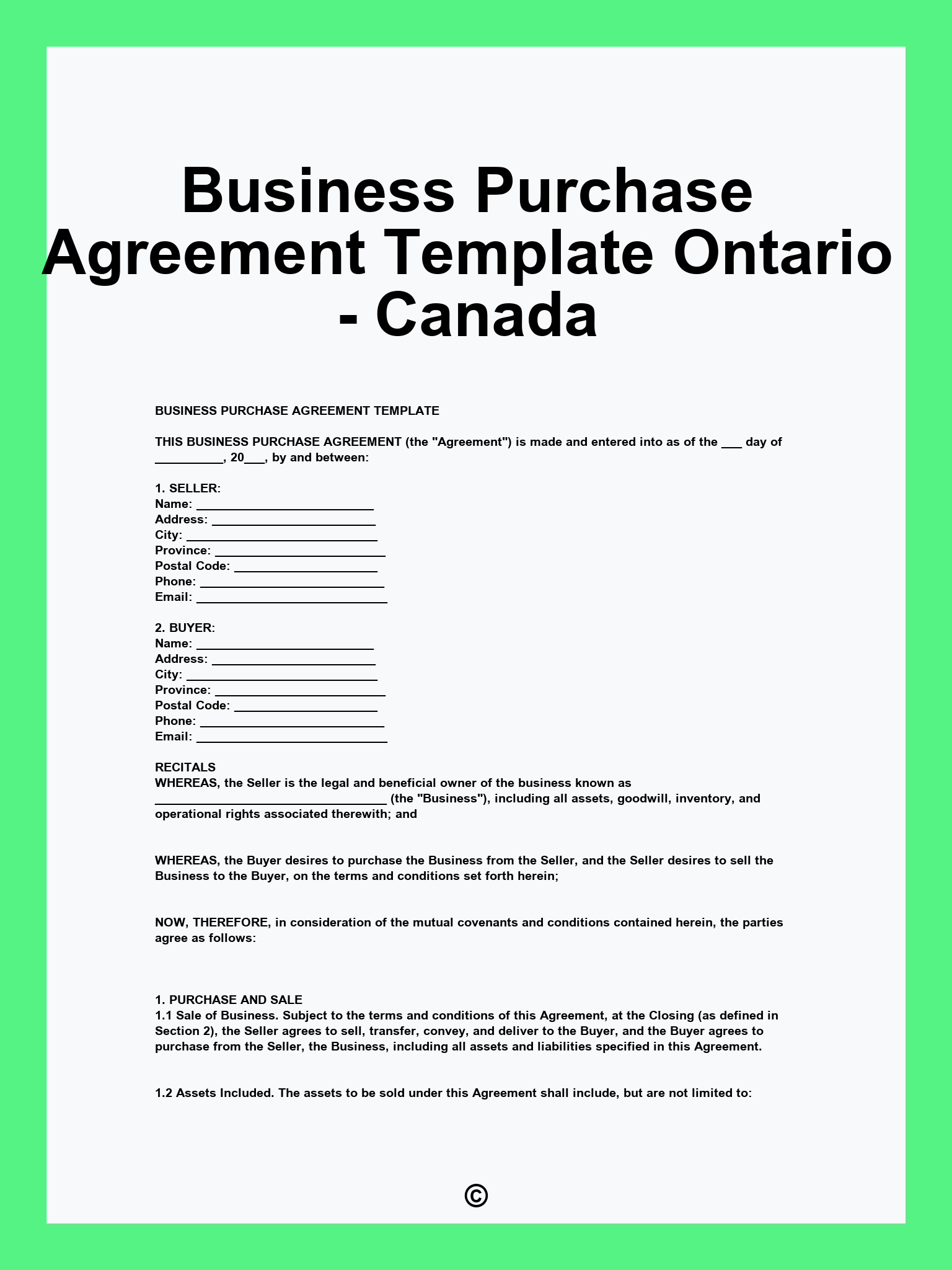 Business Purchase Agreement Template Ontario - Canada