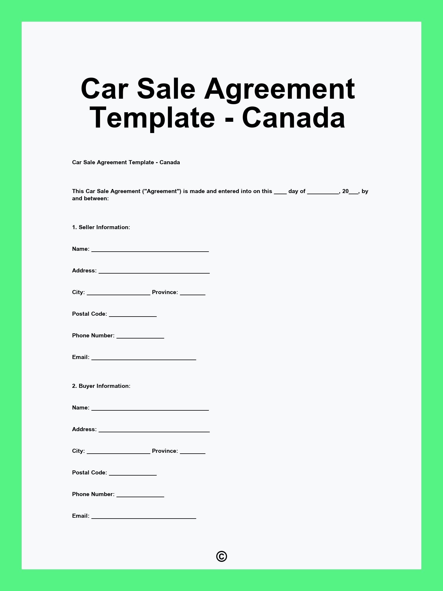 Car Sale Agreement Template - Canada