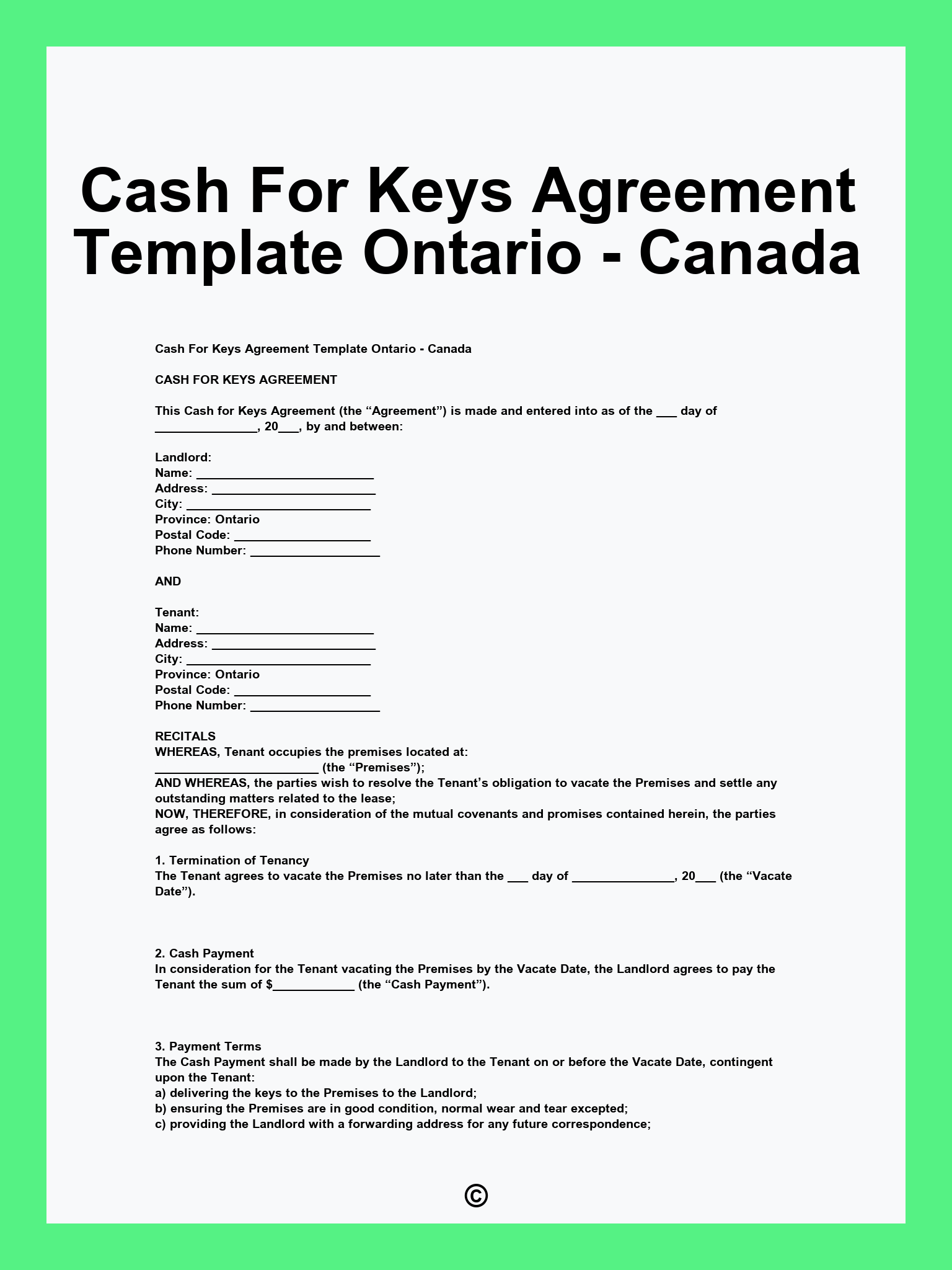 Cash For Keys Agreement Template Ontario - Canada