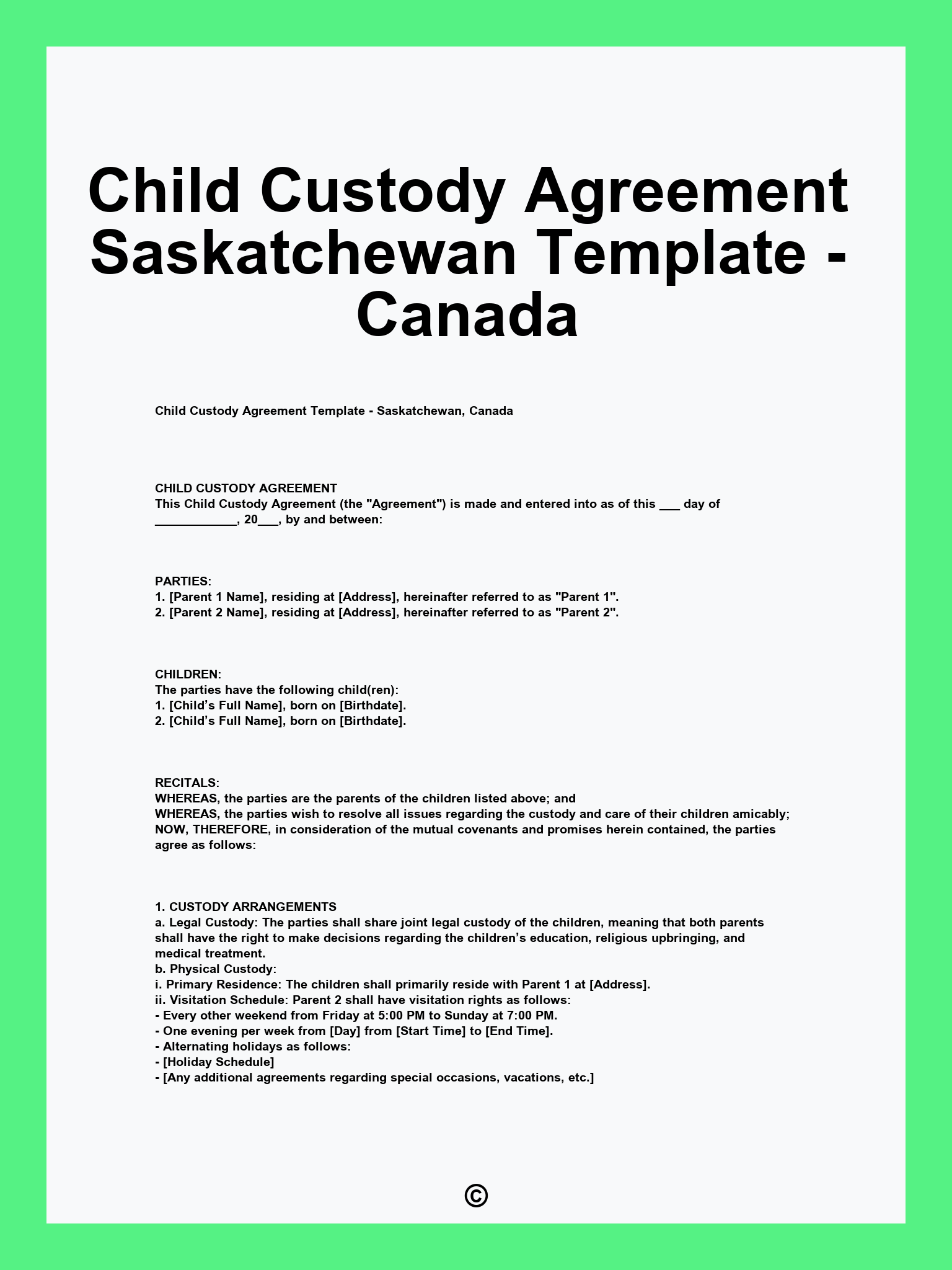 Child Custody Agreement Saskatchewan Template - Canada