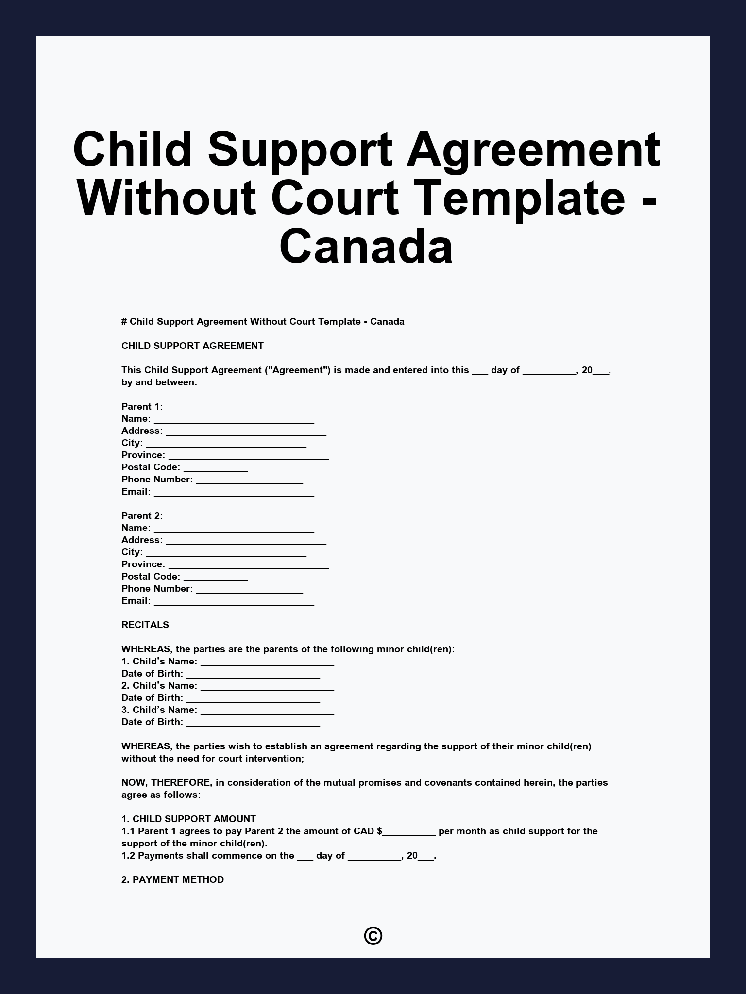 Child Support Agreement Without Court Template - Canada