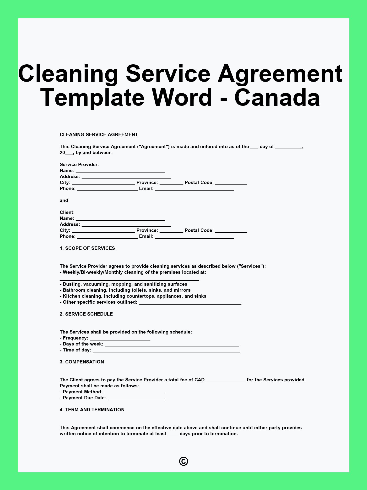 Cleaning Service Agreement Template Word - Canada