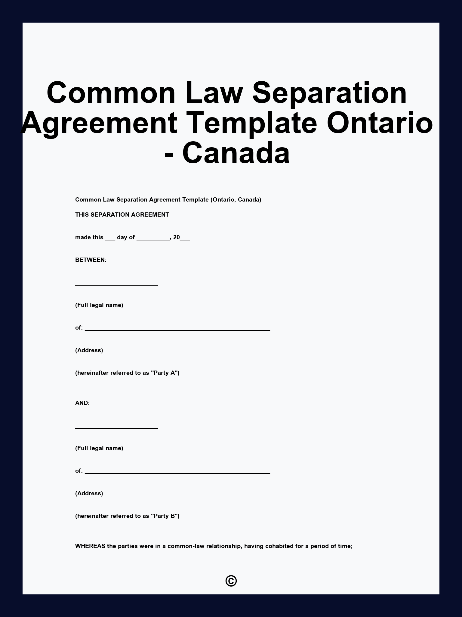 Common Law Separation Agreement Template Ontario - Canada