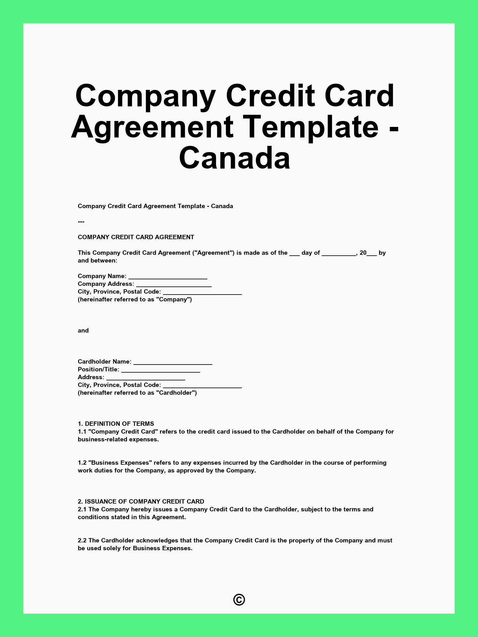 Company Credit Card Agreement Template - Canada