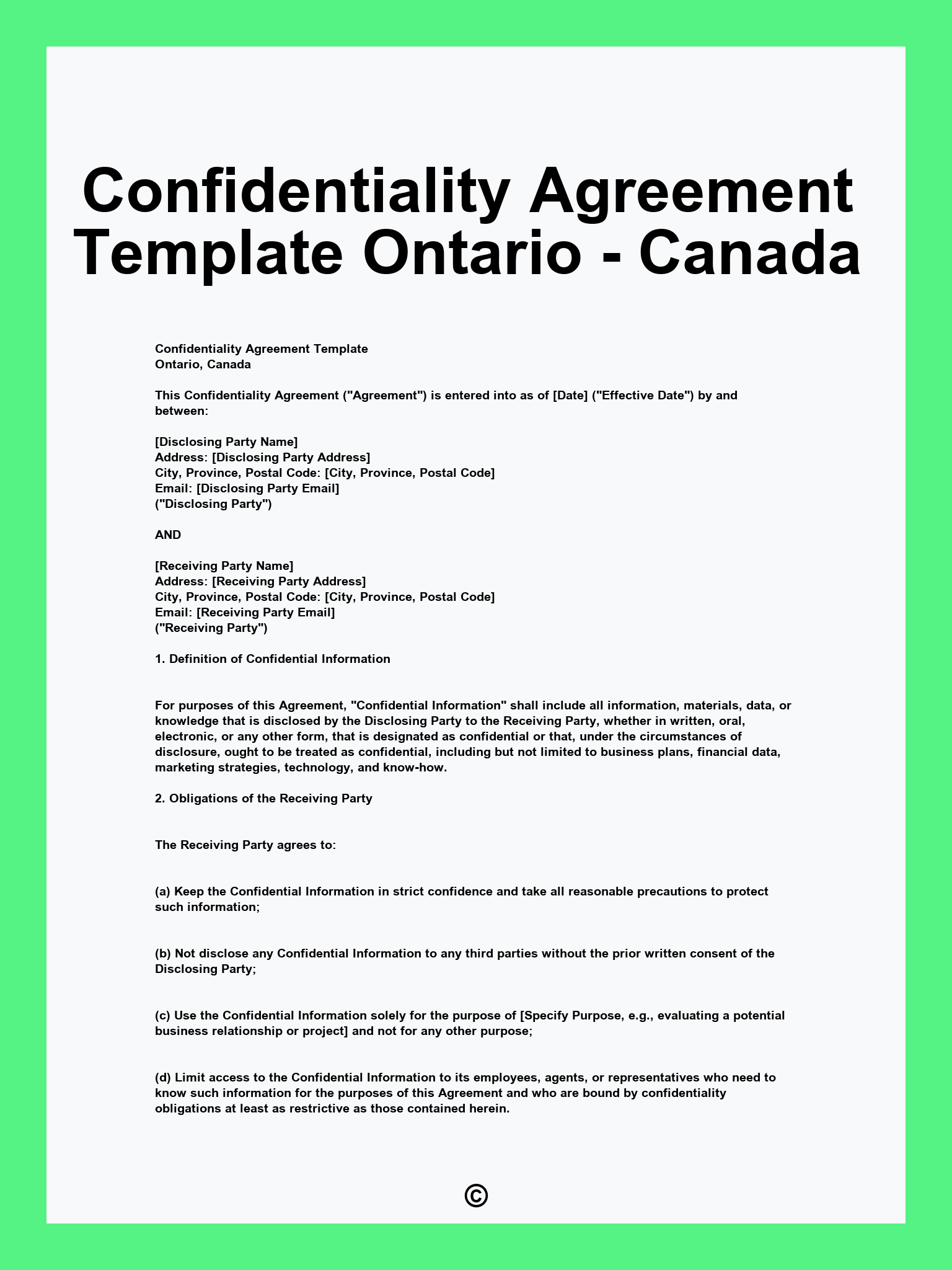 Confidentiality Agreement Template Ontario - Canada