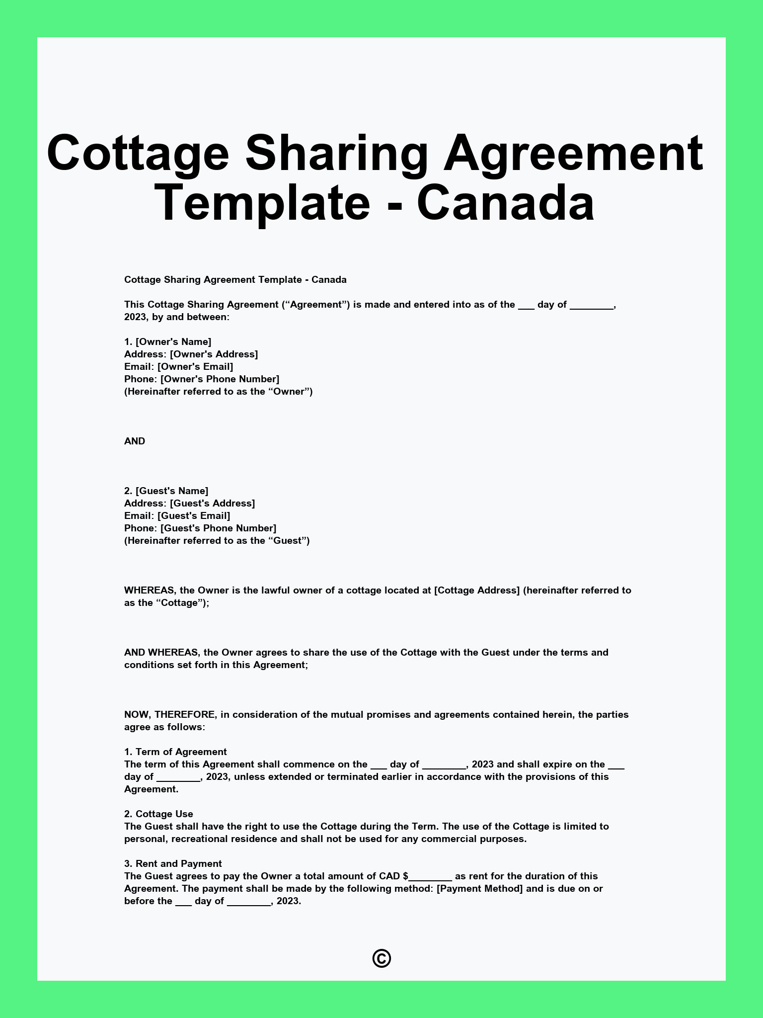 Cottage Sharing Agreement Template - Canada