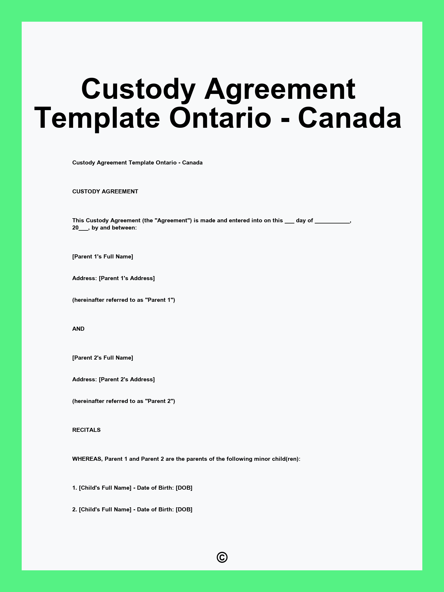 Custody Agreement Template Ontario - Canada
