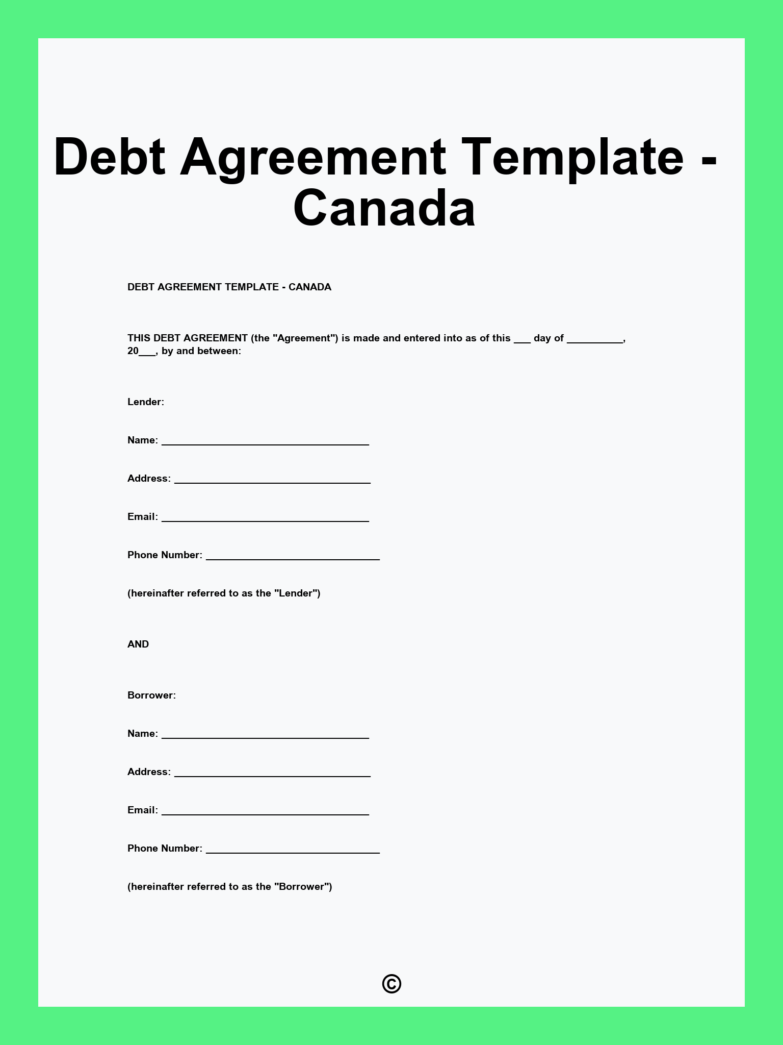 Debt Agreement Template - Canada