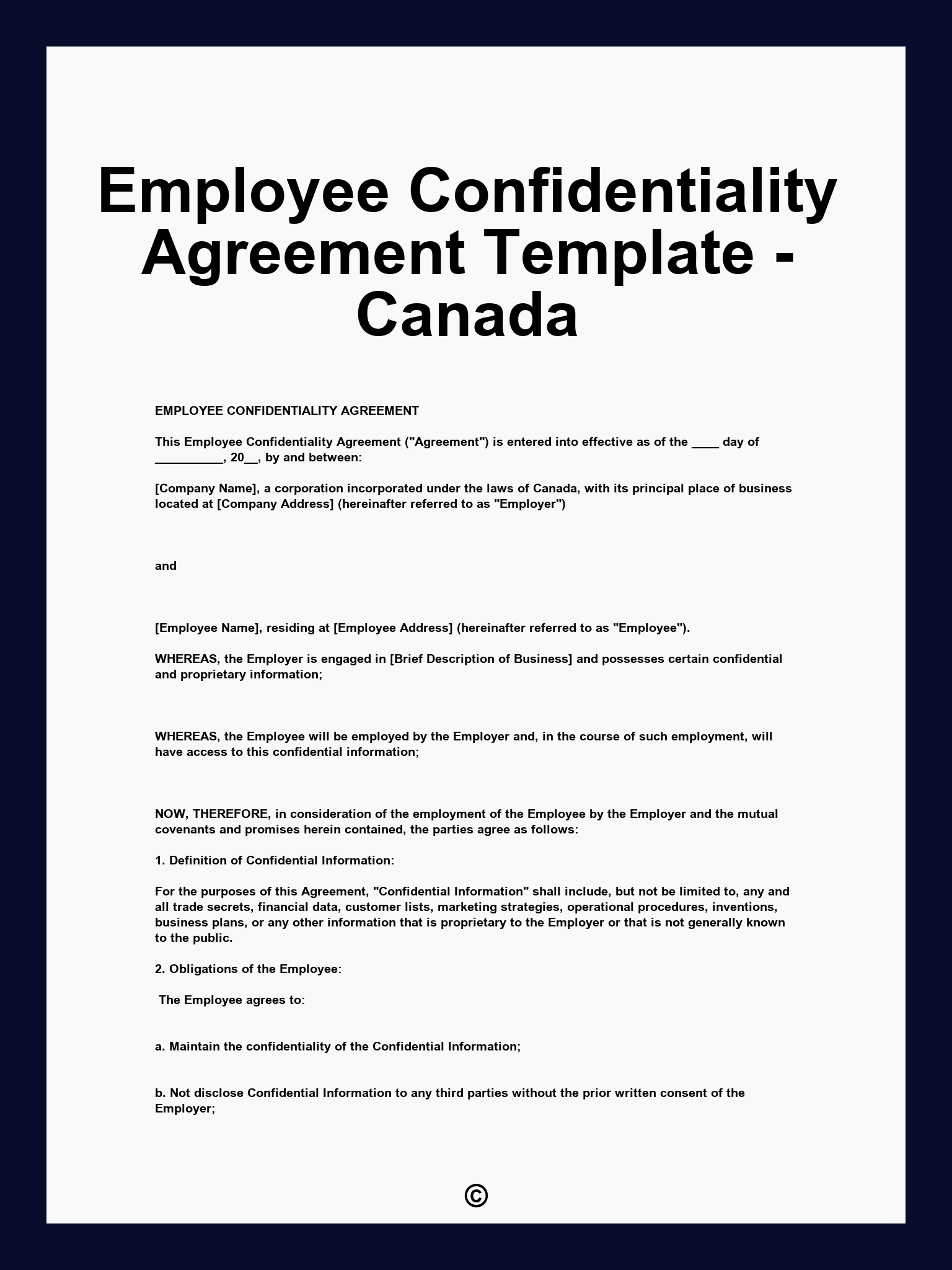 Employee Confidentiality Agreement Template - Canada