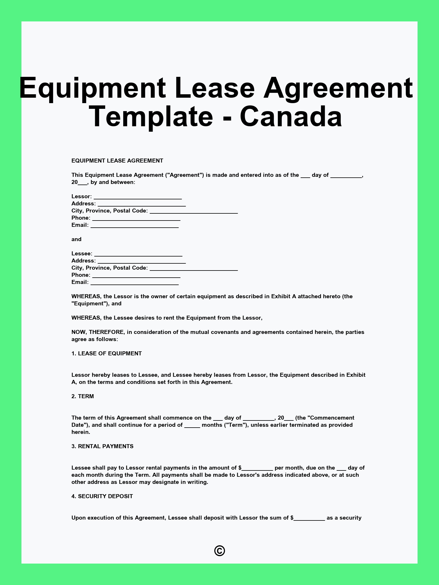 Equipment Lease Agreement Template - Canada