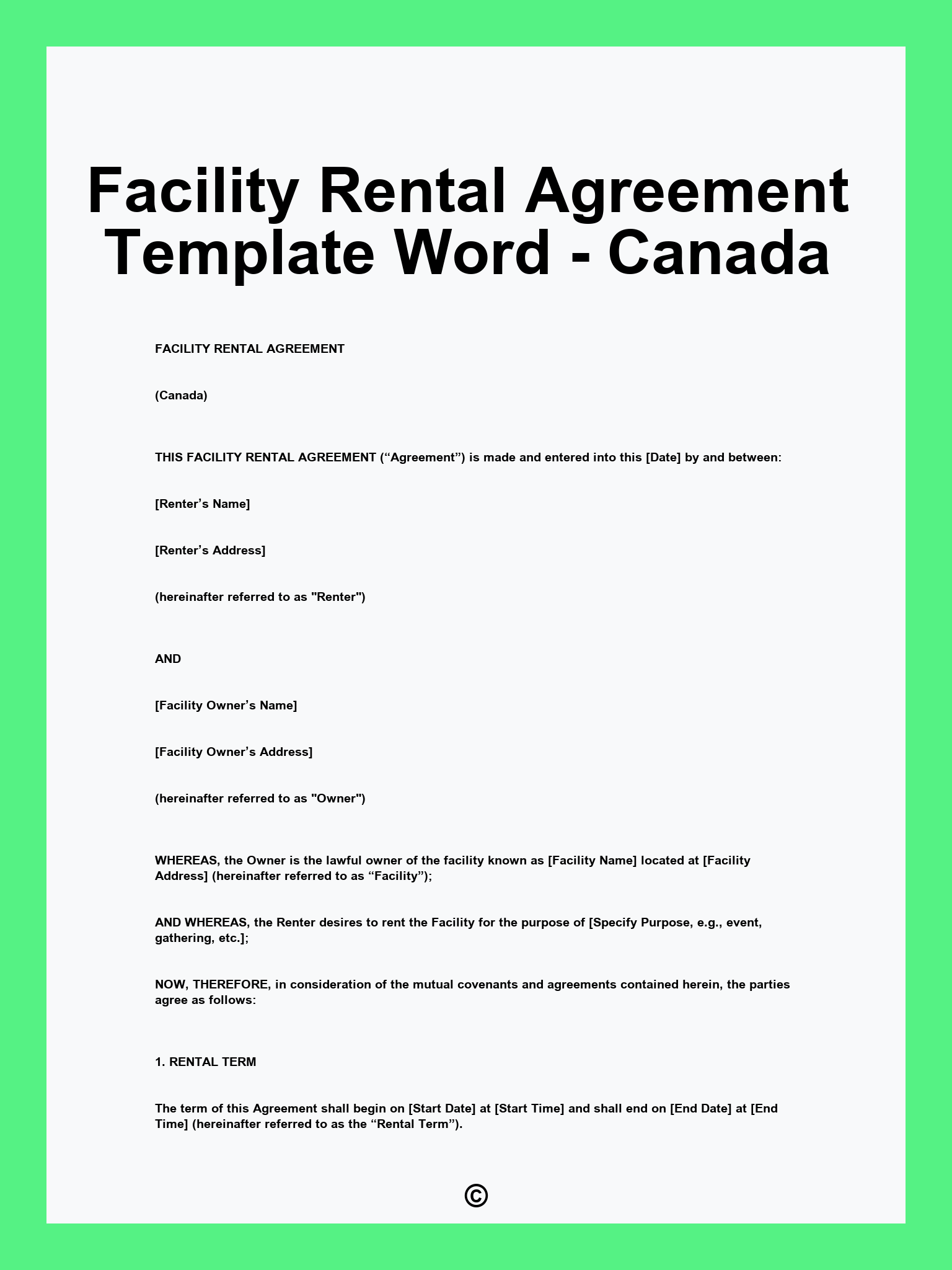 Facility Rental Agreement Template Word - Canada