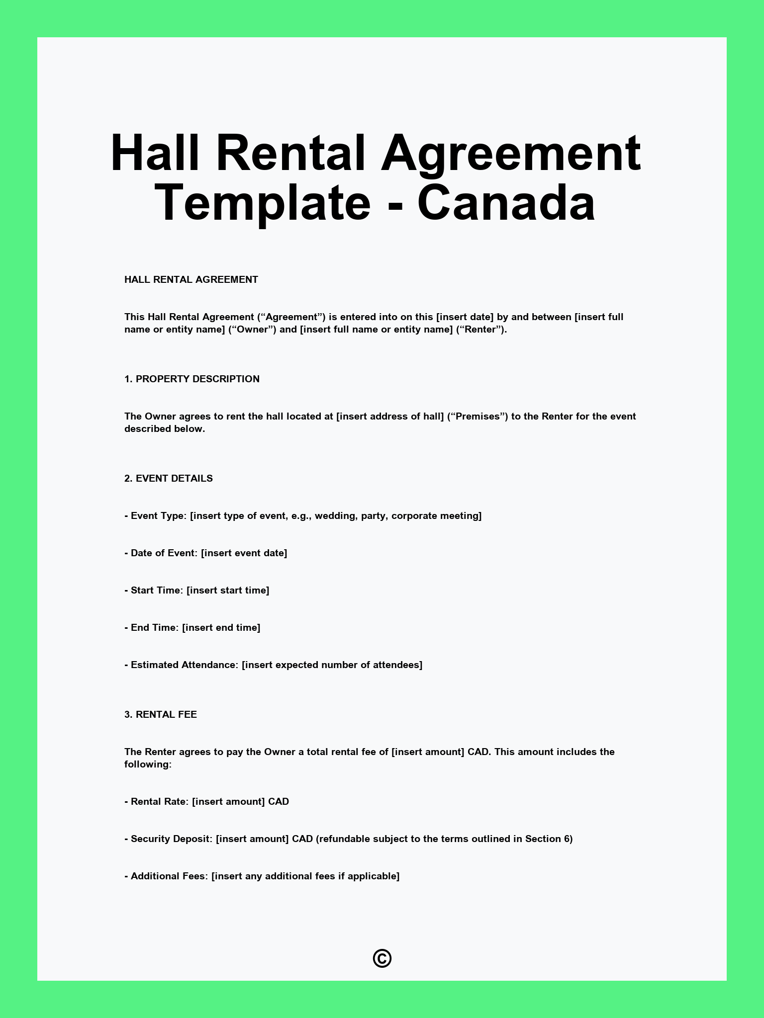 Hall Rental Agreement Template - Canada