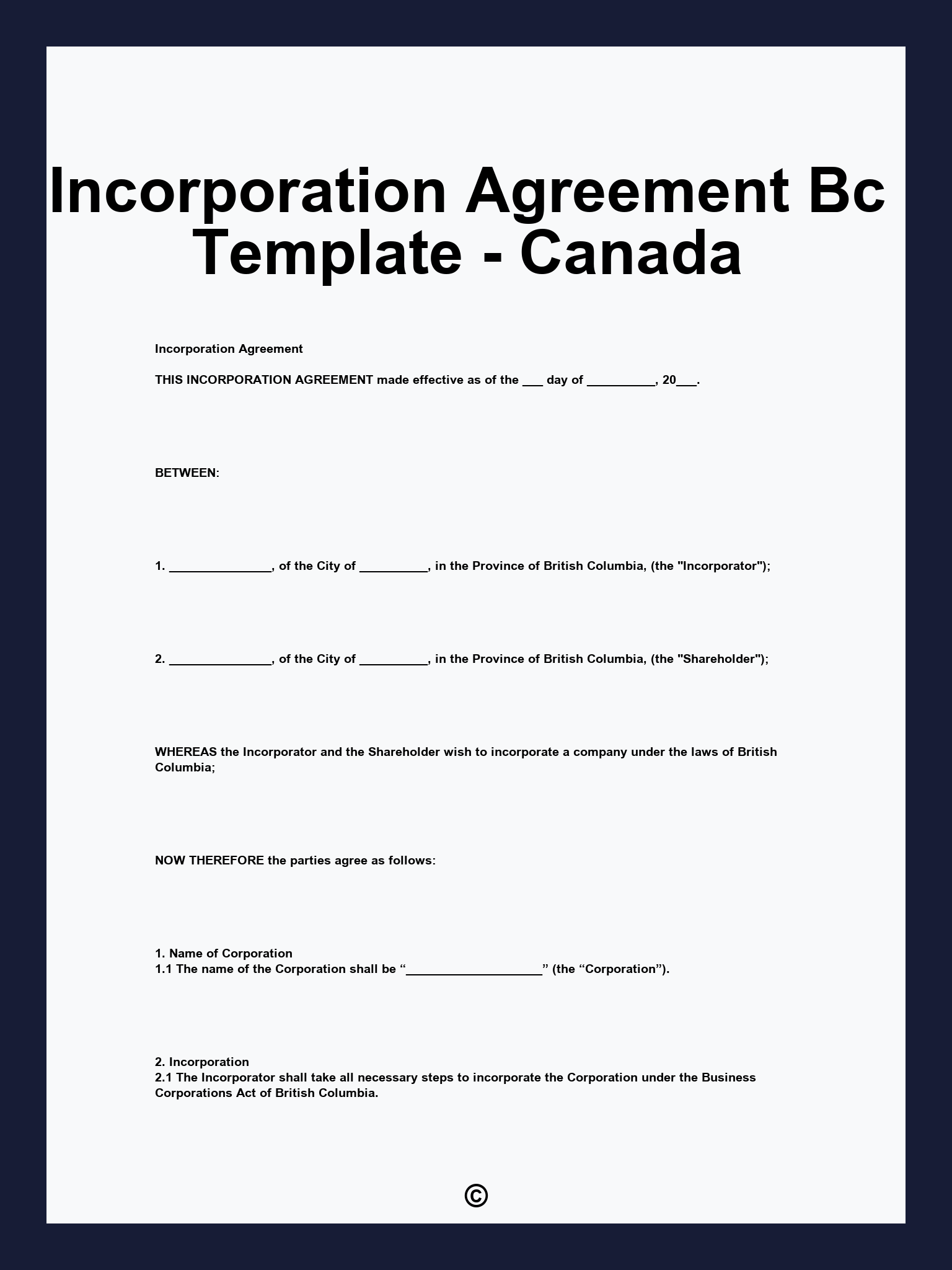 Incorporation Agreement Bc Template - Canada