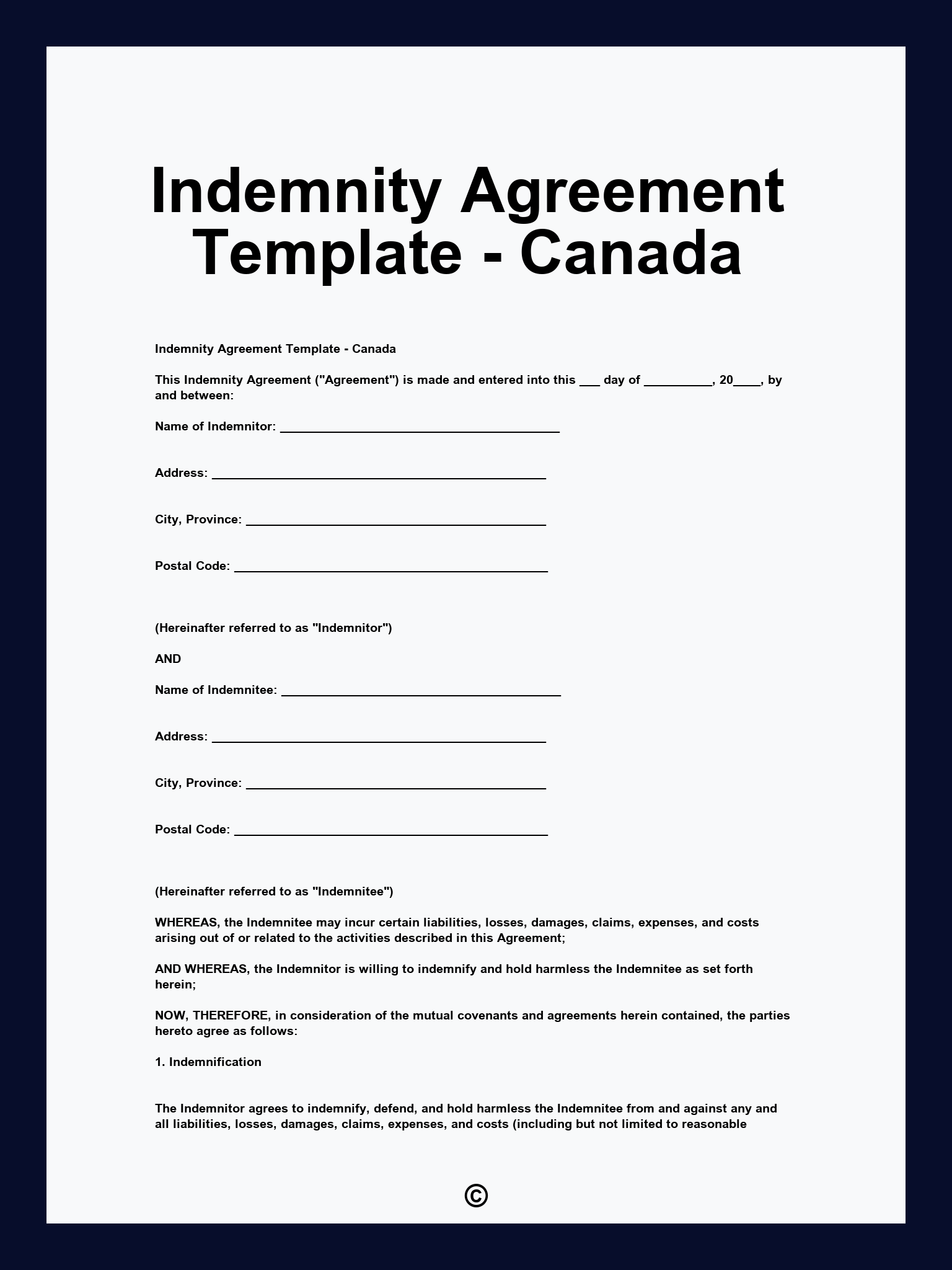 Indemnity Agreement Template - Canada