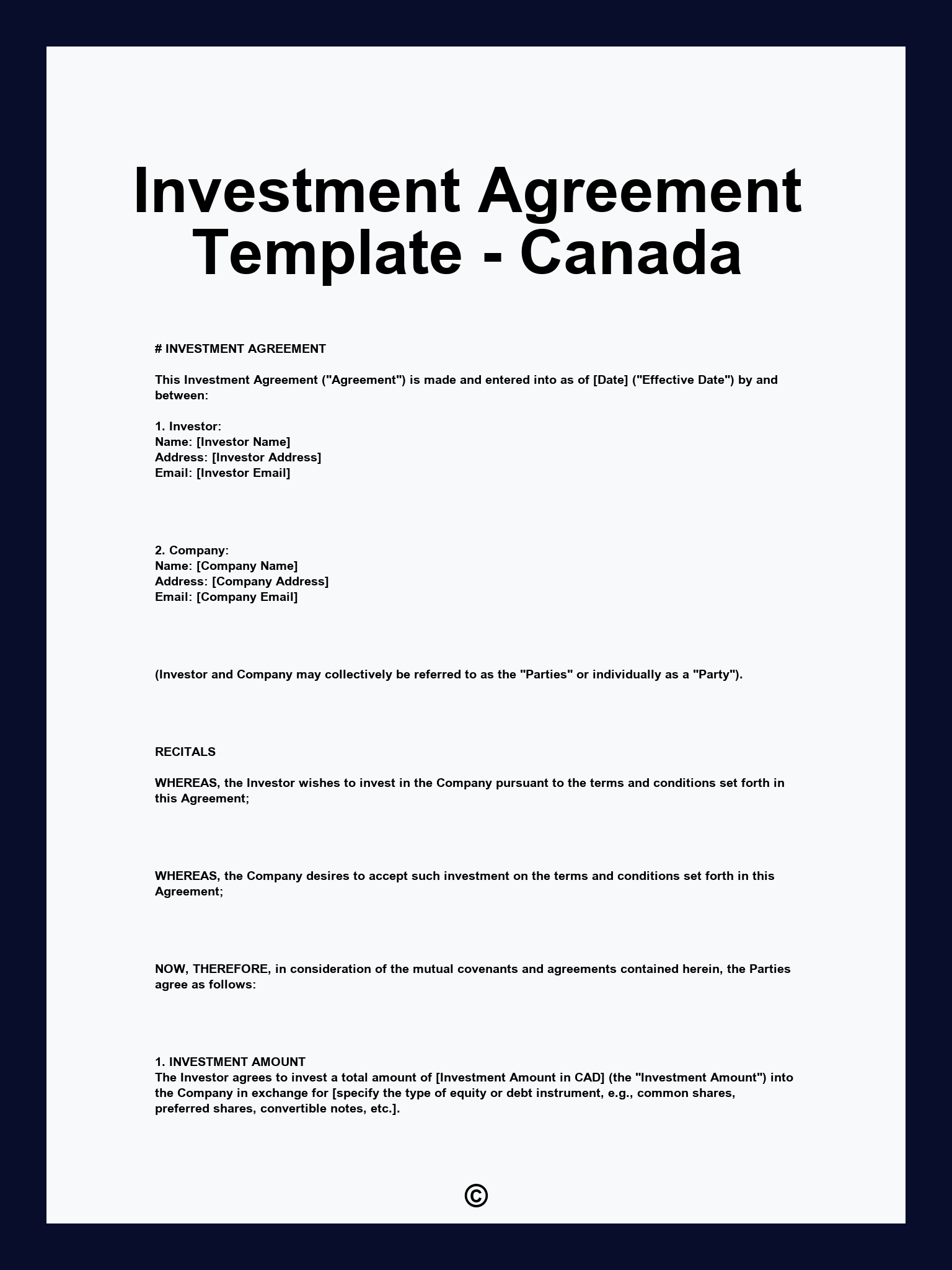 Investment Agreement Template - Canada