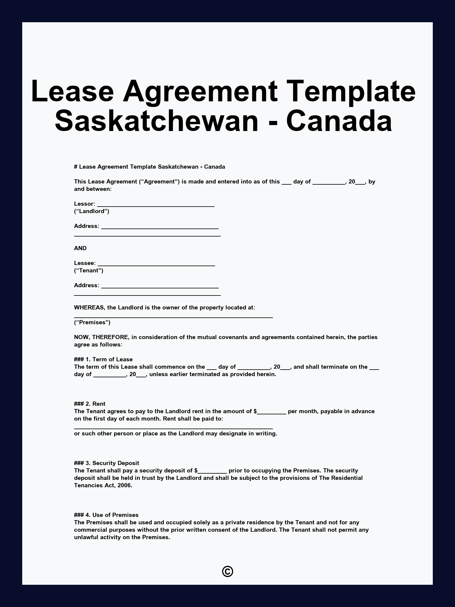 Lease Agreement Template Saskatchewan - Canada