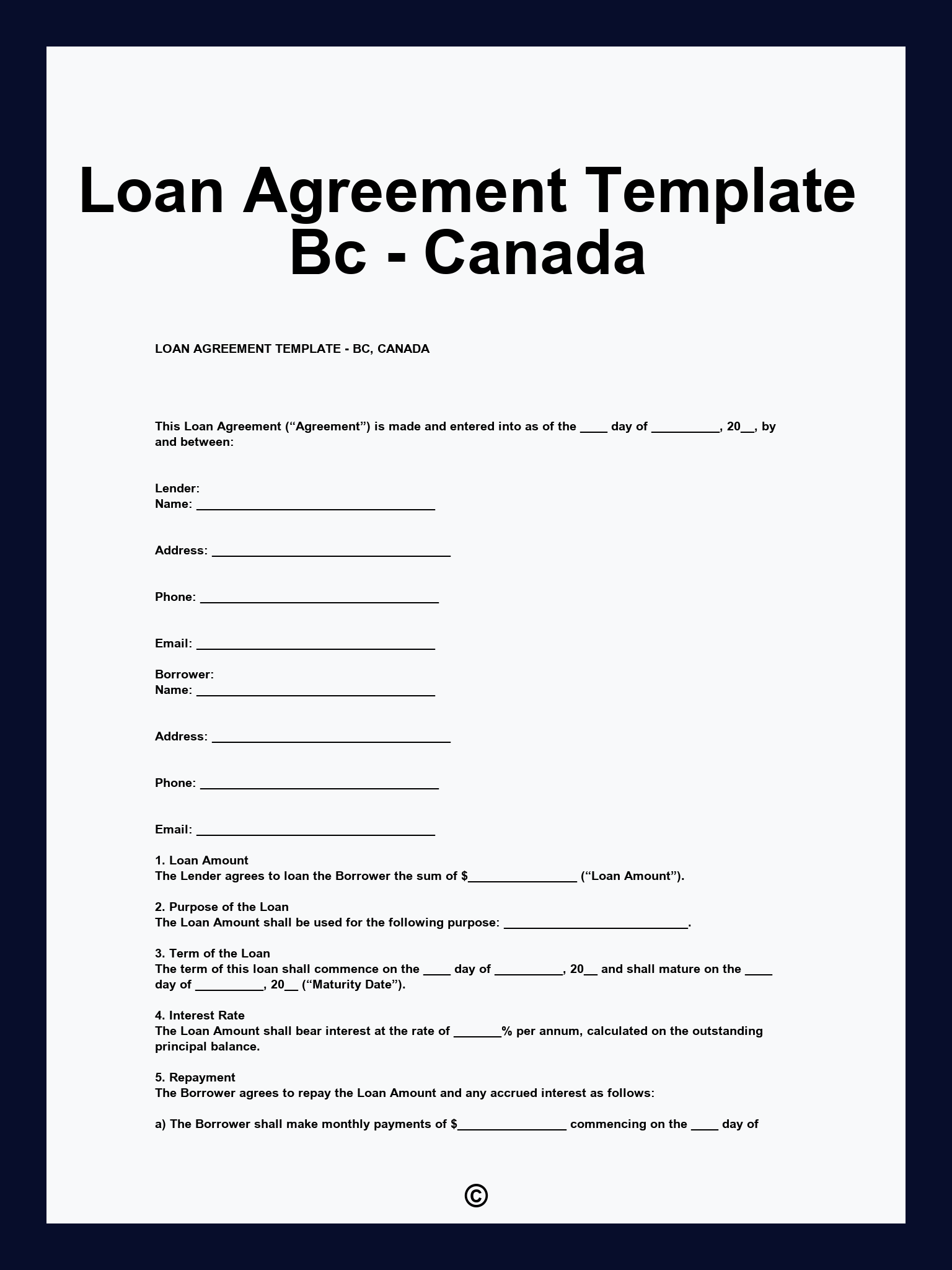Loan Agreement Template Bc - Canada