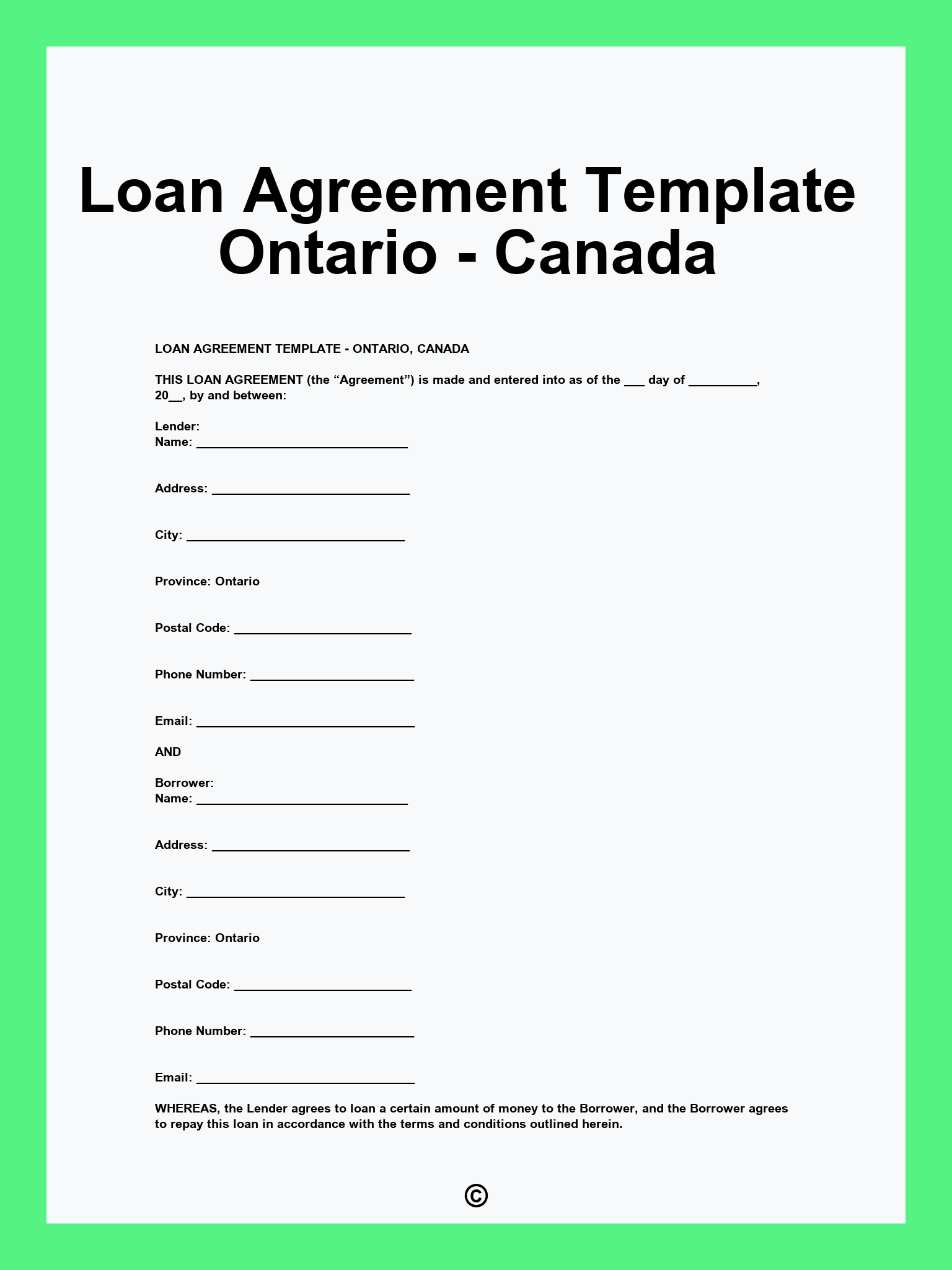 Loan Agreement Template Ontario - Canada