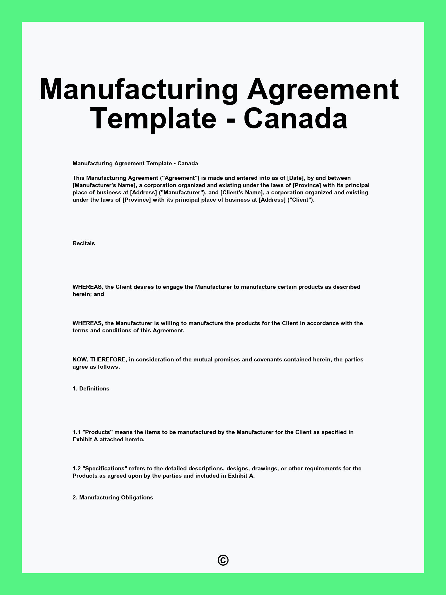 Manufacturing Agreement Template - Canada