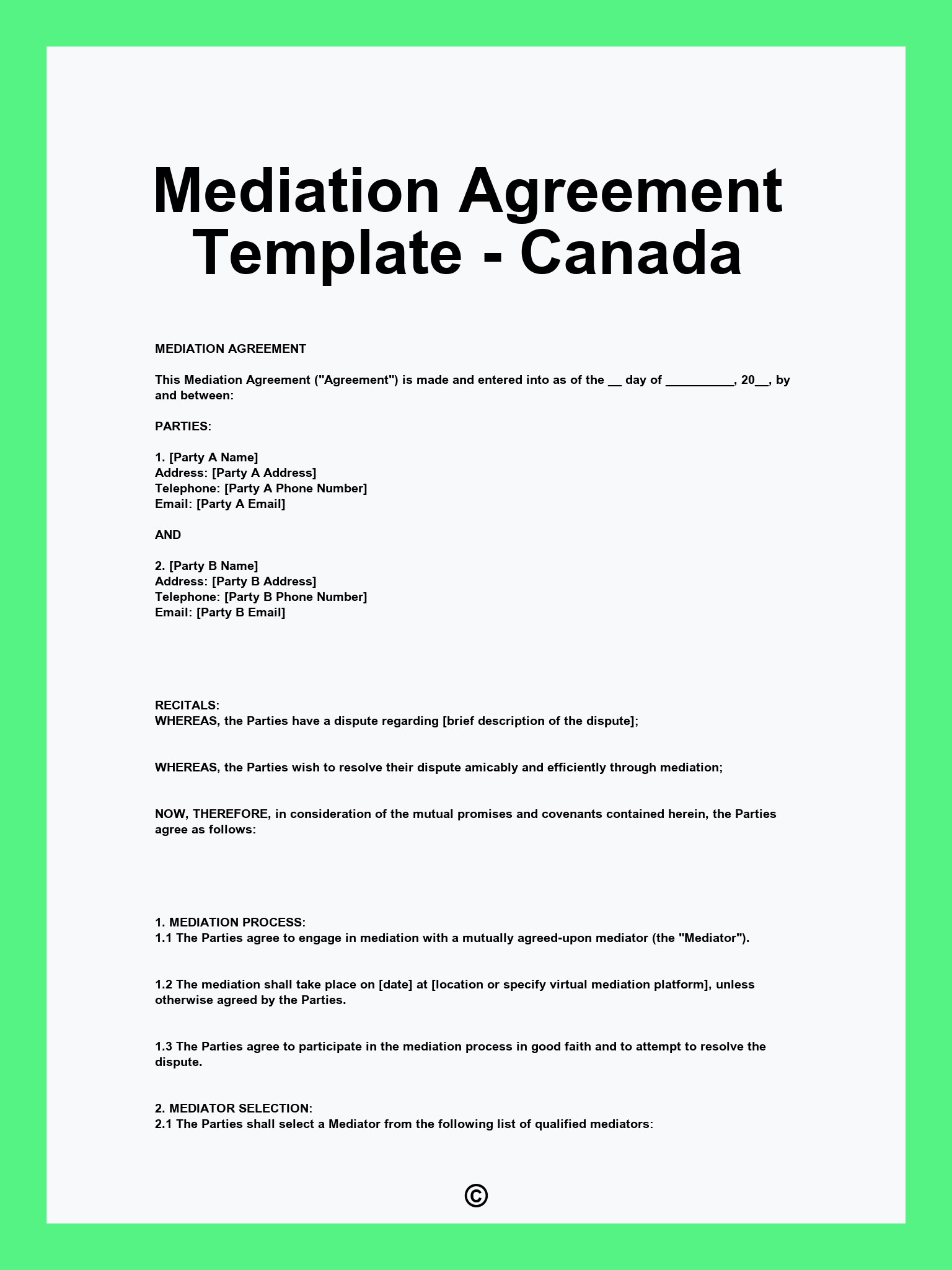 Mediation Agreement Template - Canada