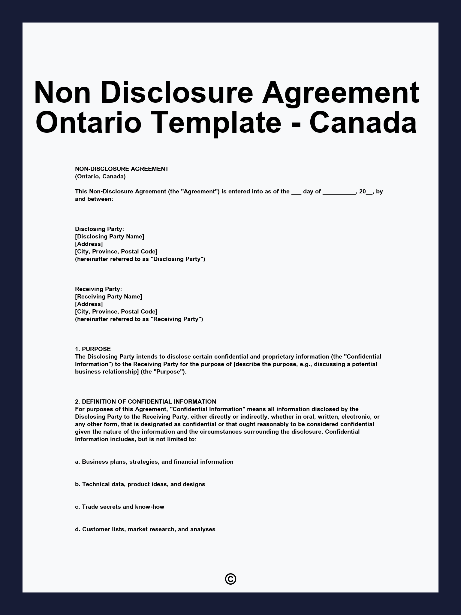 Non Disclosure Agreement Ontario Template - Canada