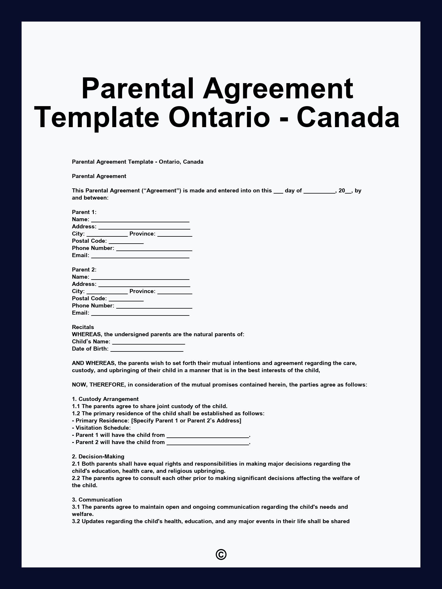 Parental Agreement Template Ontario - Canada