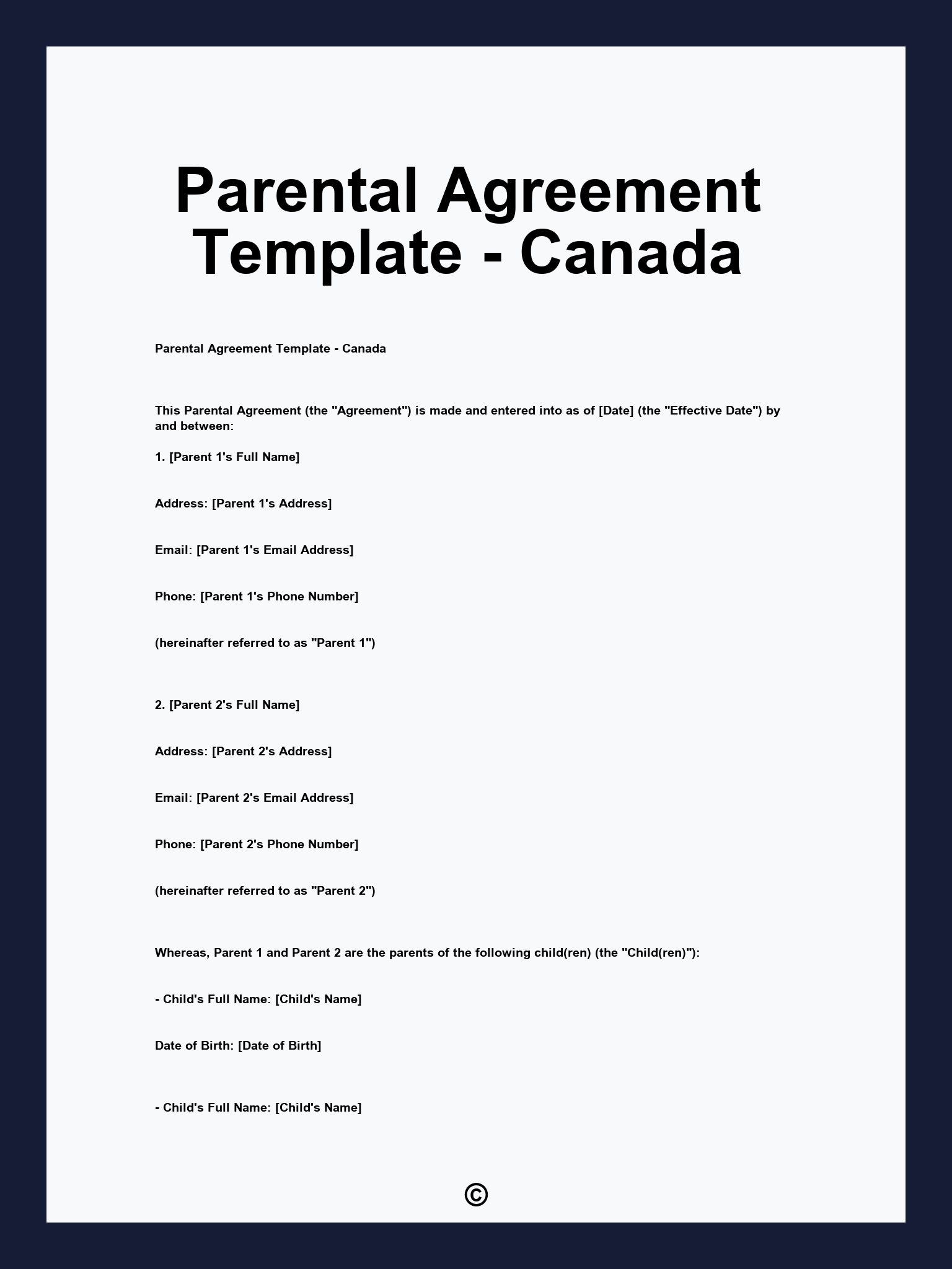 Parental Agreement Template - Canada