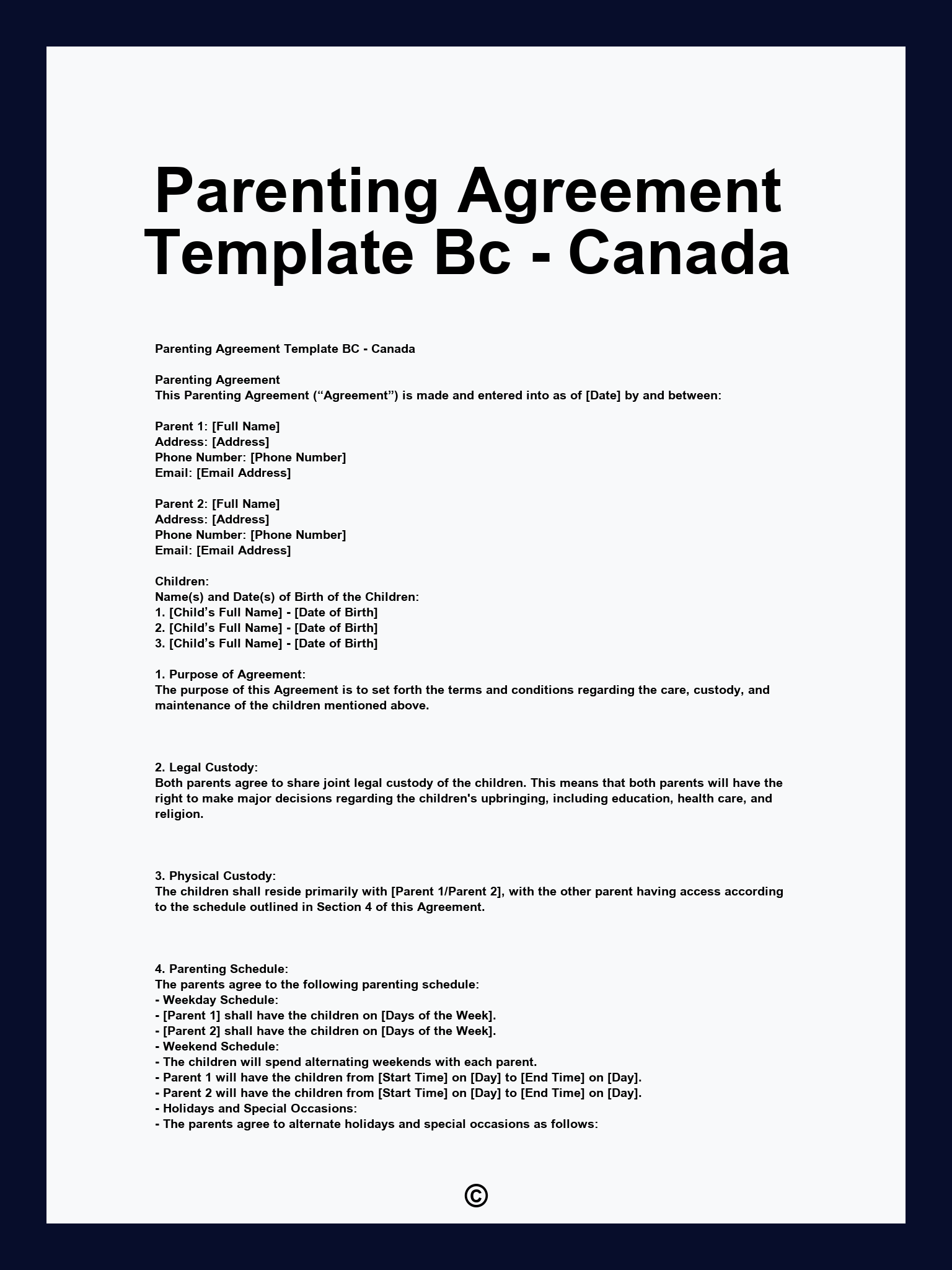 Parenting Agreement Template Bc - Canada