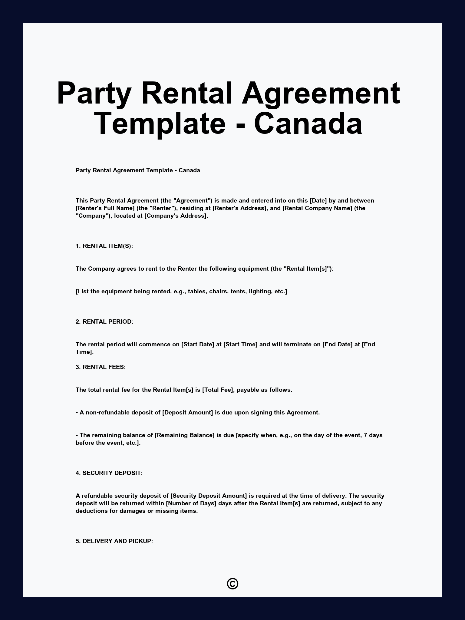Party Rental Agreement Template - Canada