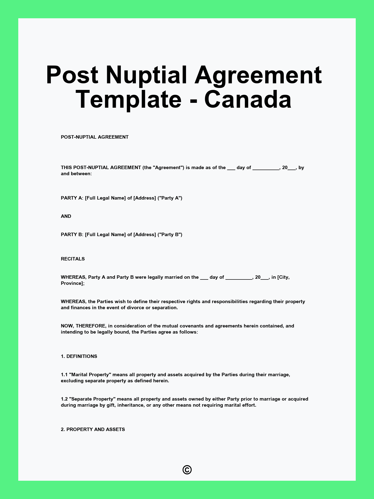 Post Nuptial Agreement Template - Canada