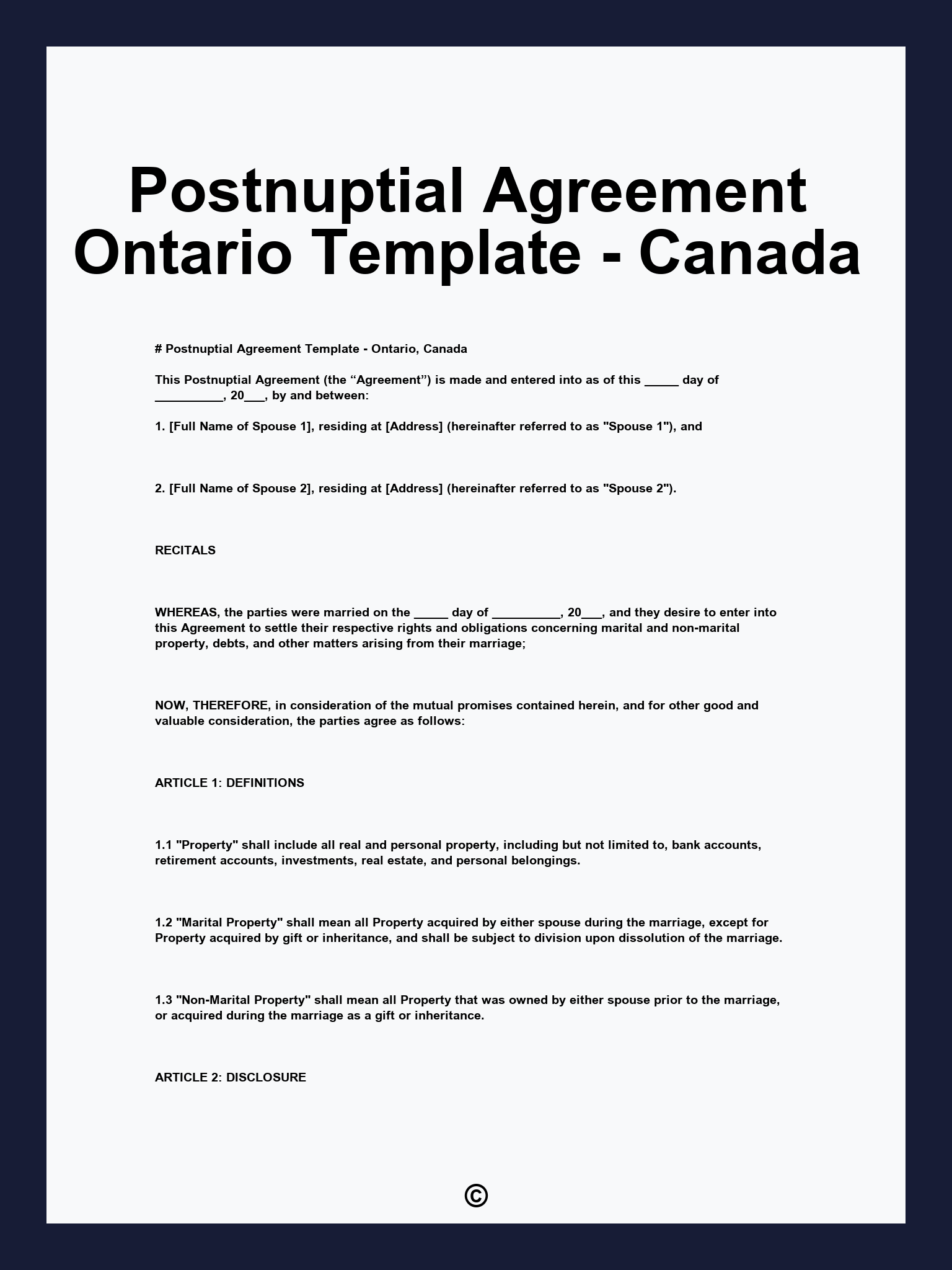 Postnuptial Agreement Ontario Template - Canada