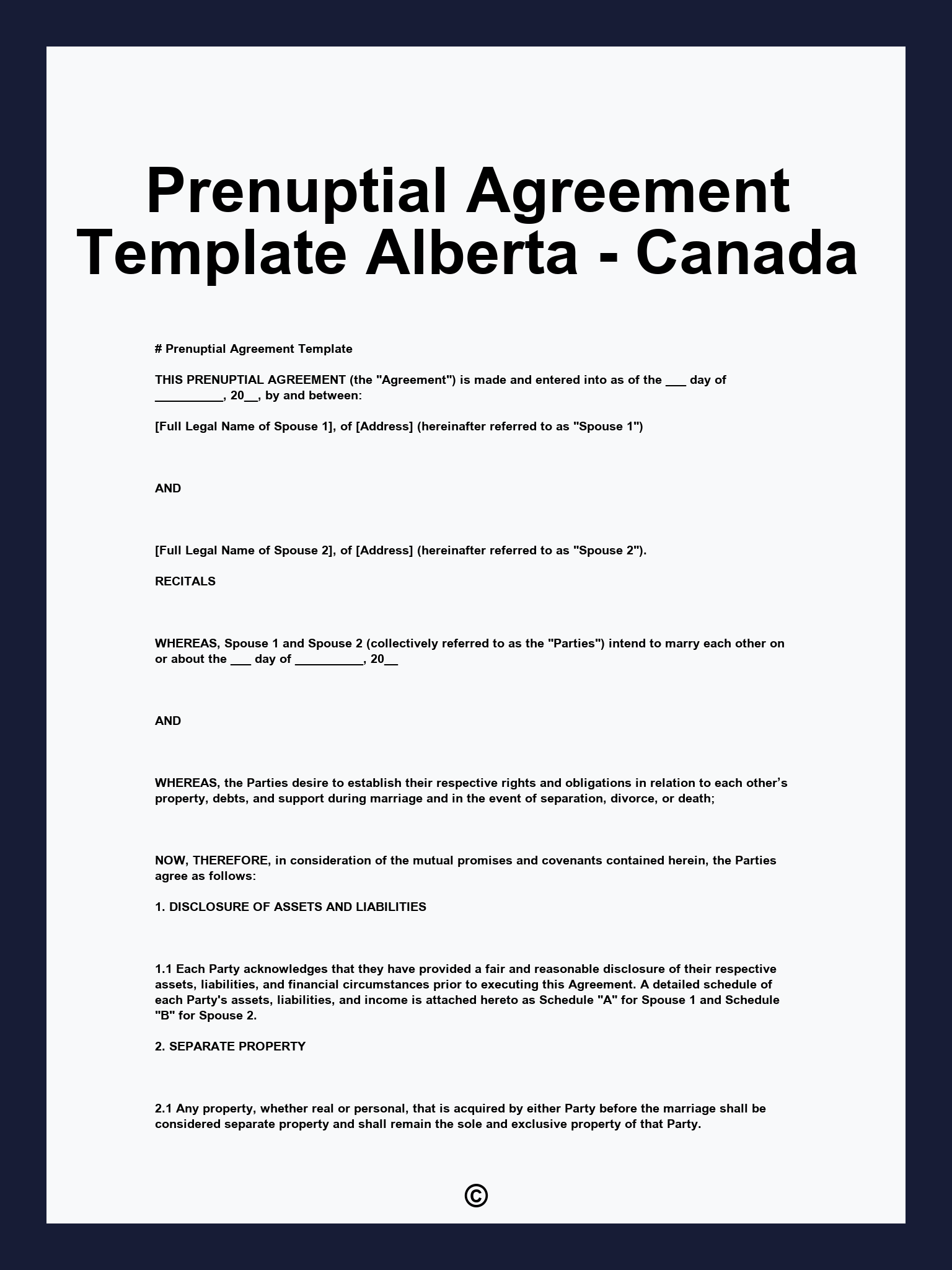 Prenuptial Agreement Template Alberta - Canada