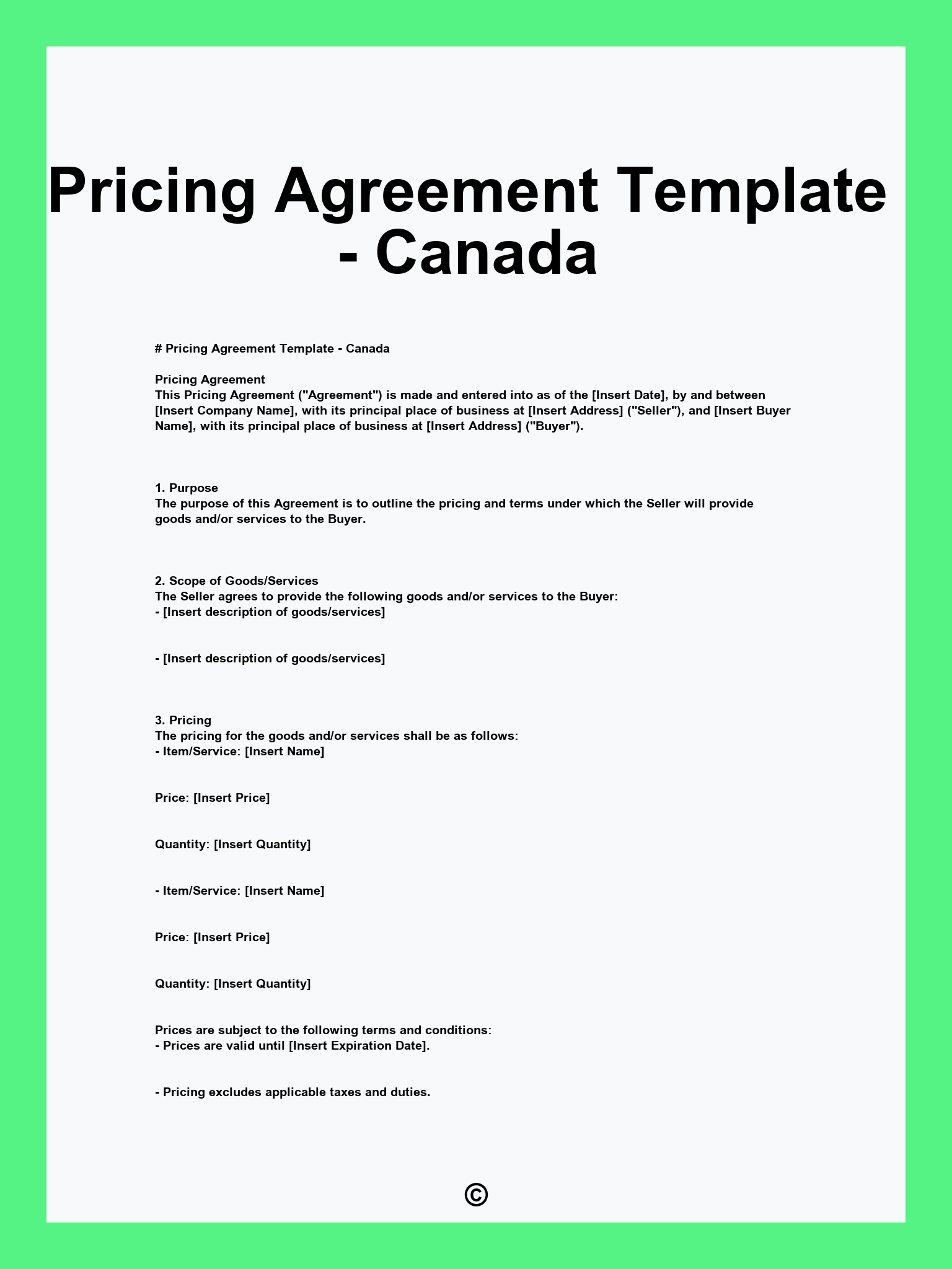 Pricing Agreement Template - Canada