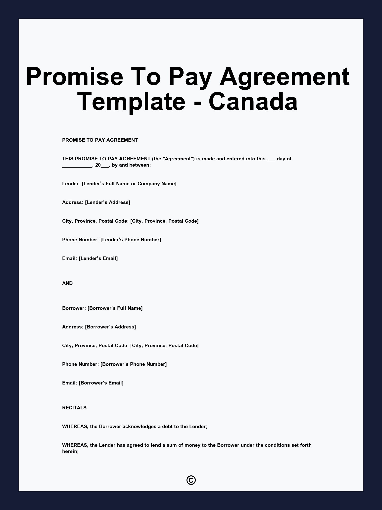 Promise To Pay Agreement Template - Canada