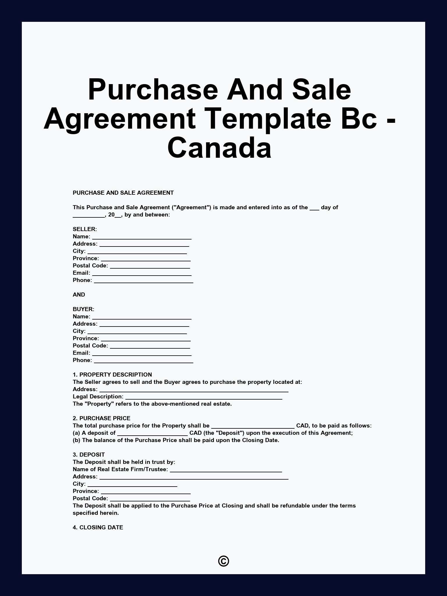 Purchase And Sale Agreement Template Bc - Canada