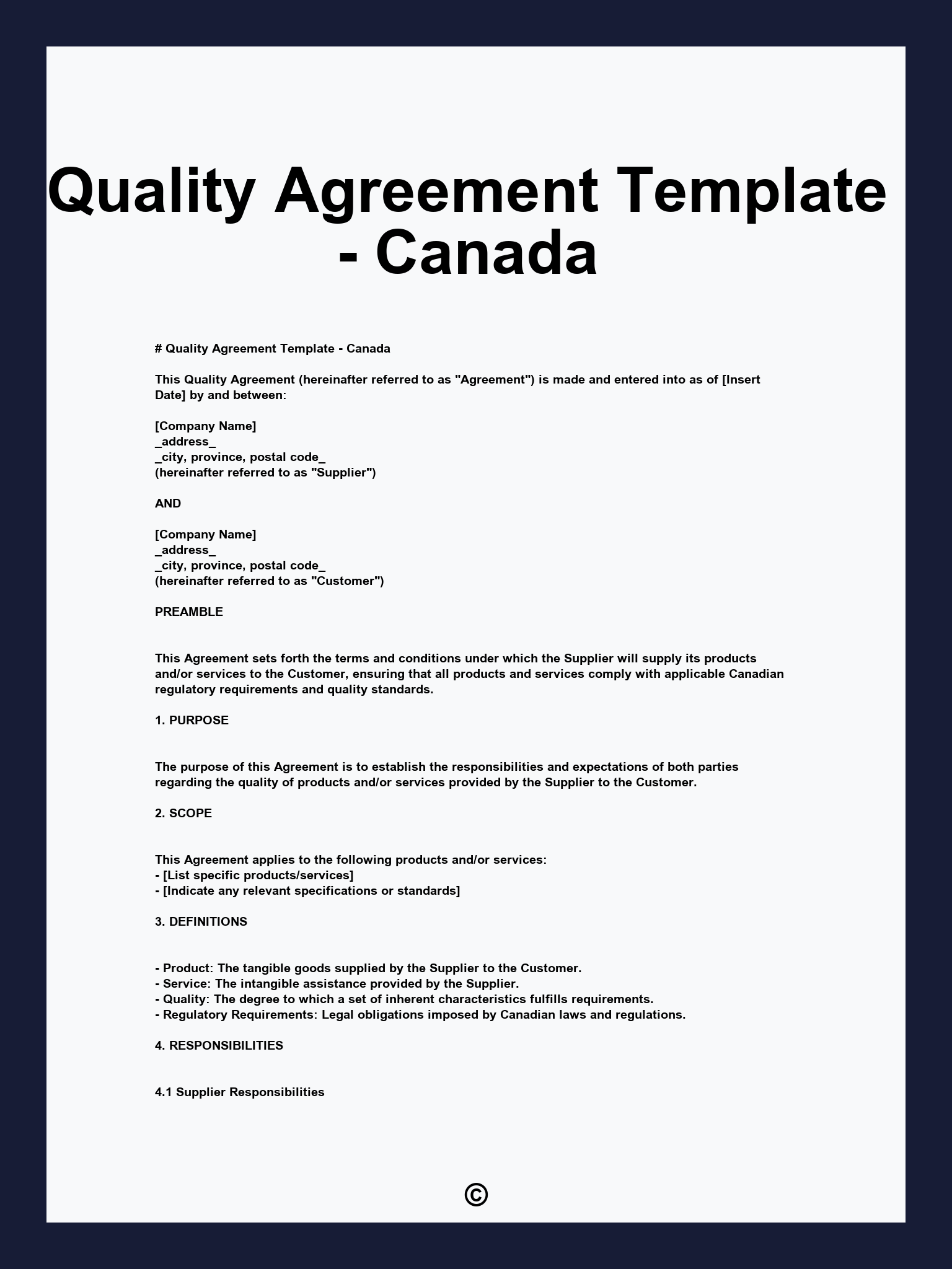 Quality Agreement Template - Canada
