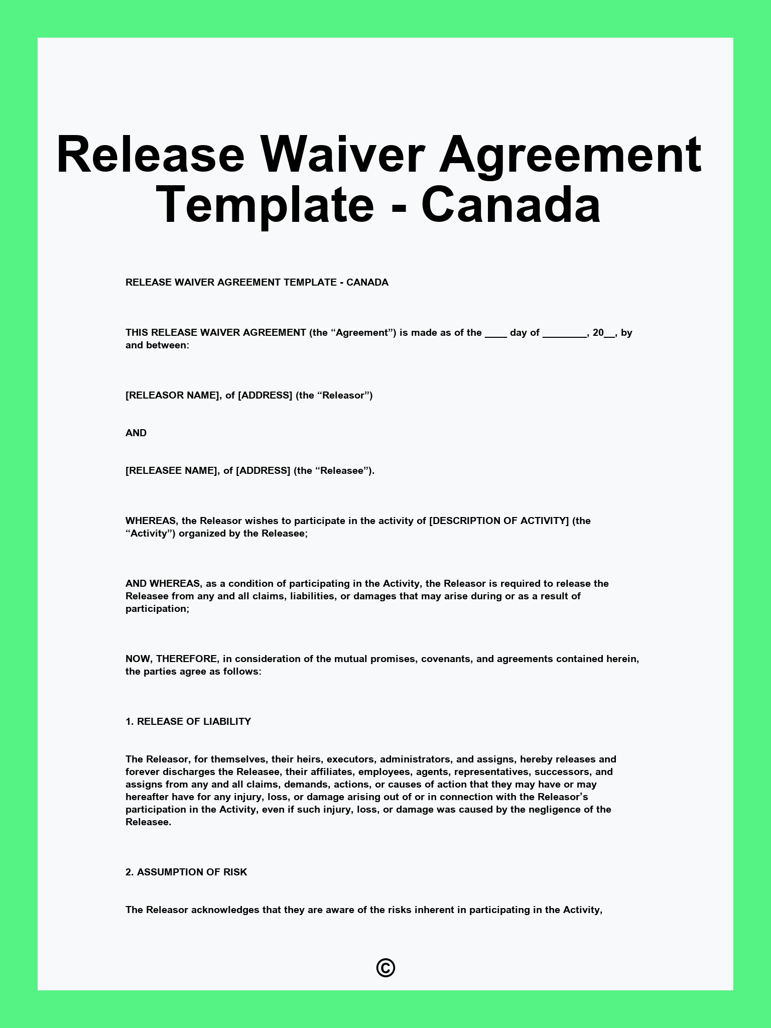 Release Waiver Agreement Template - Canada