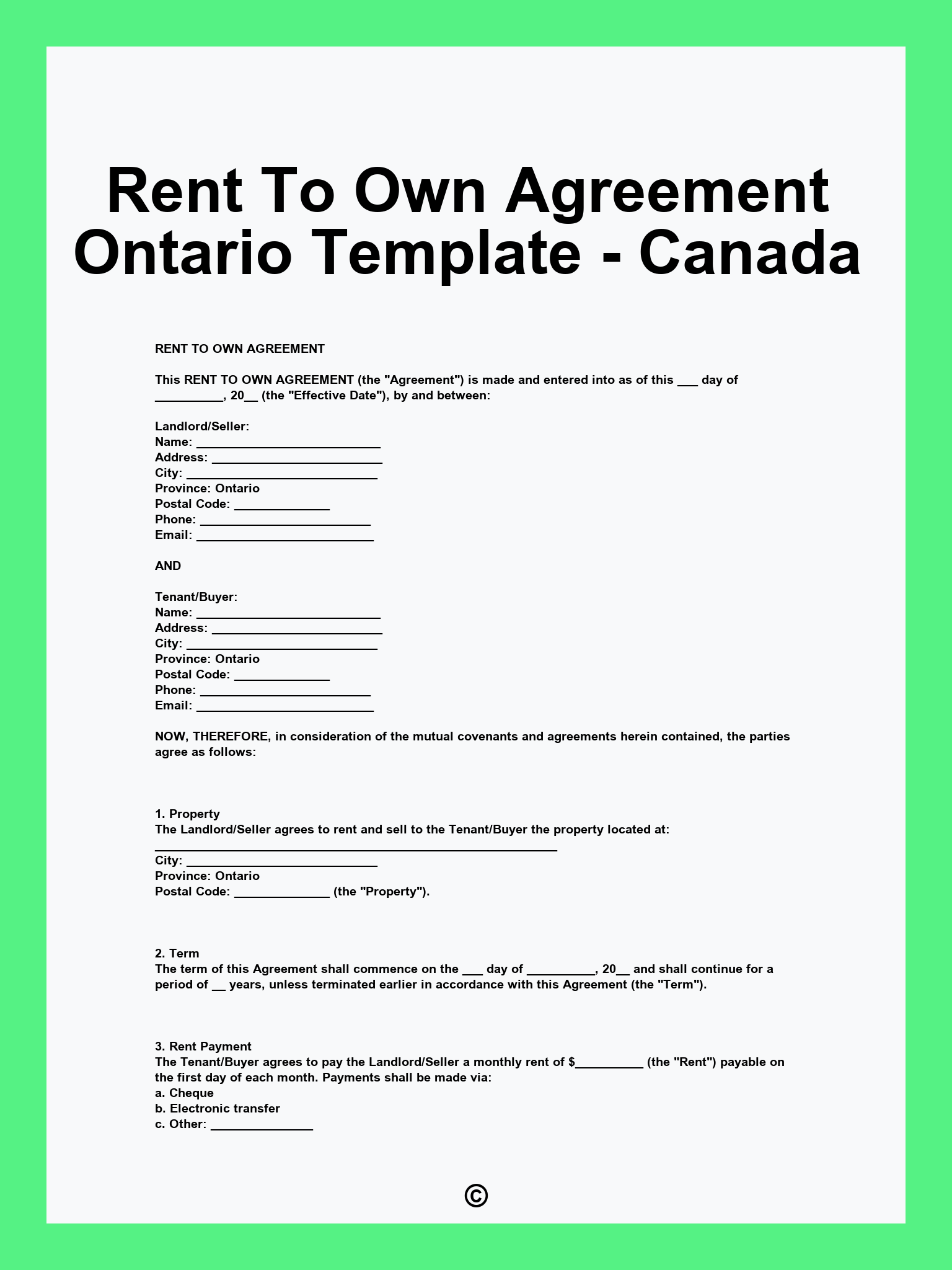 Rent To Own Agreement Ontario Template - Canada