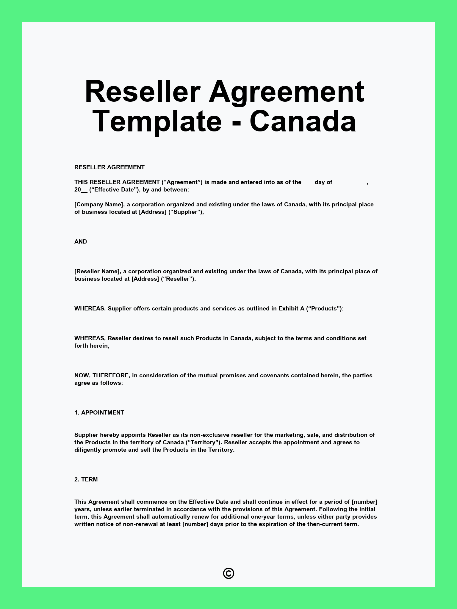 Reseller Agreement Template - Canada