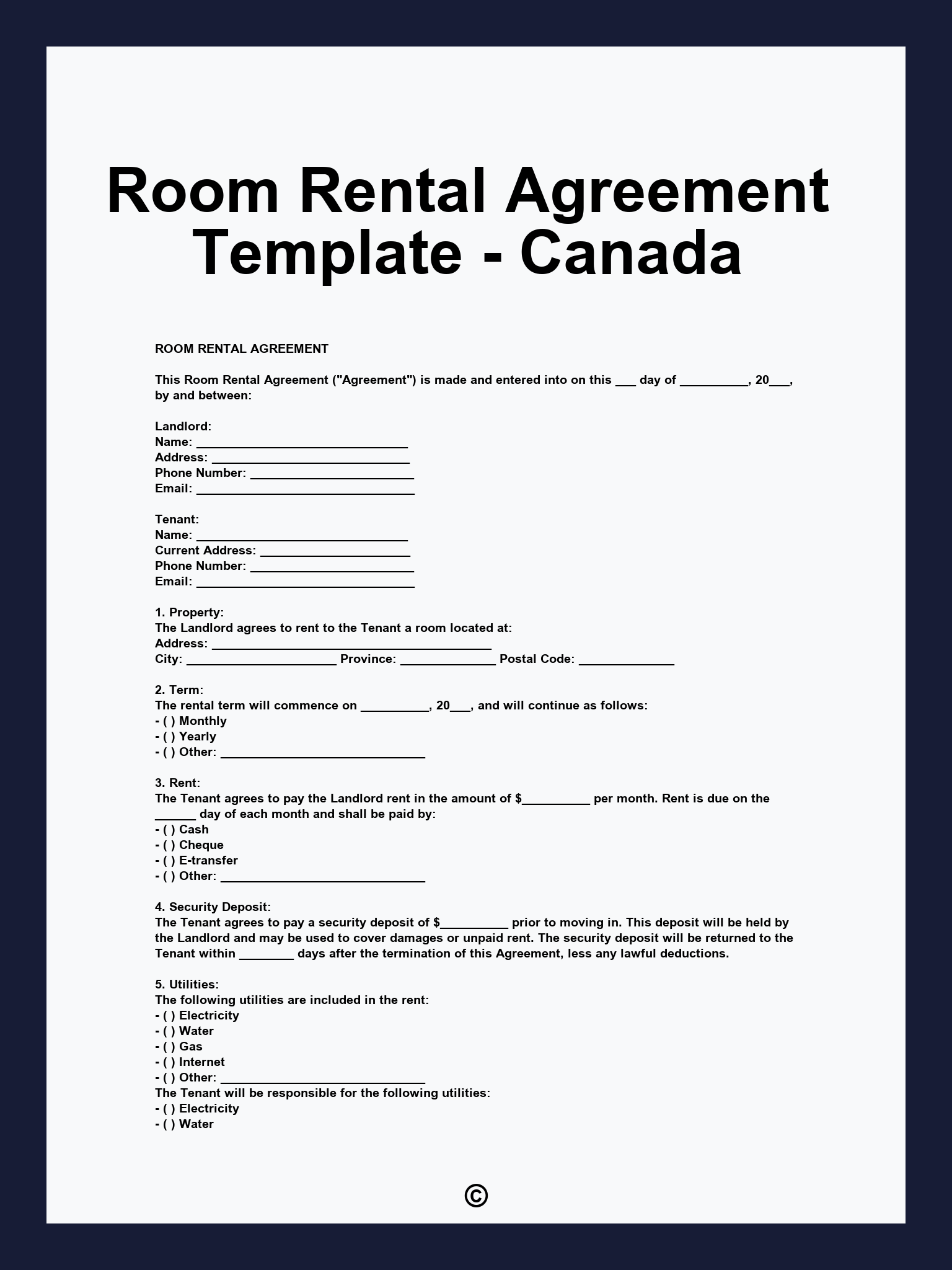 Room Rental Agreement Template - Canada