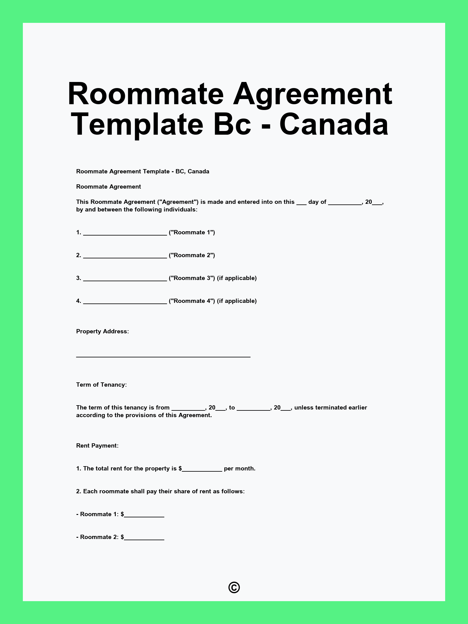 Roommate Agreement Template Bc - Canada