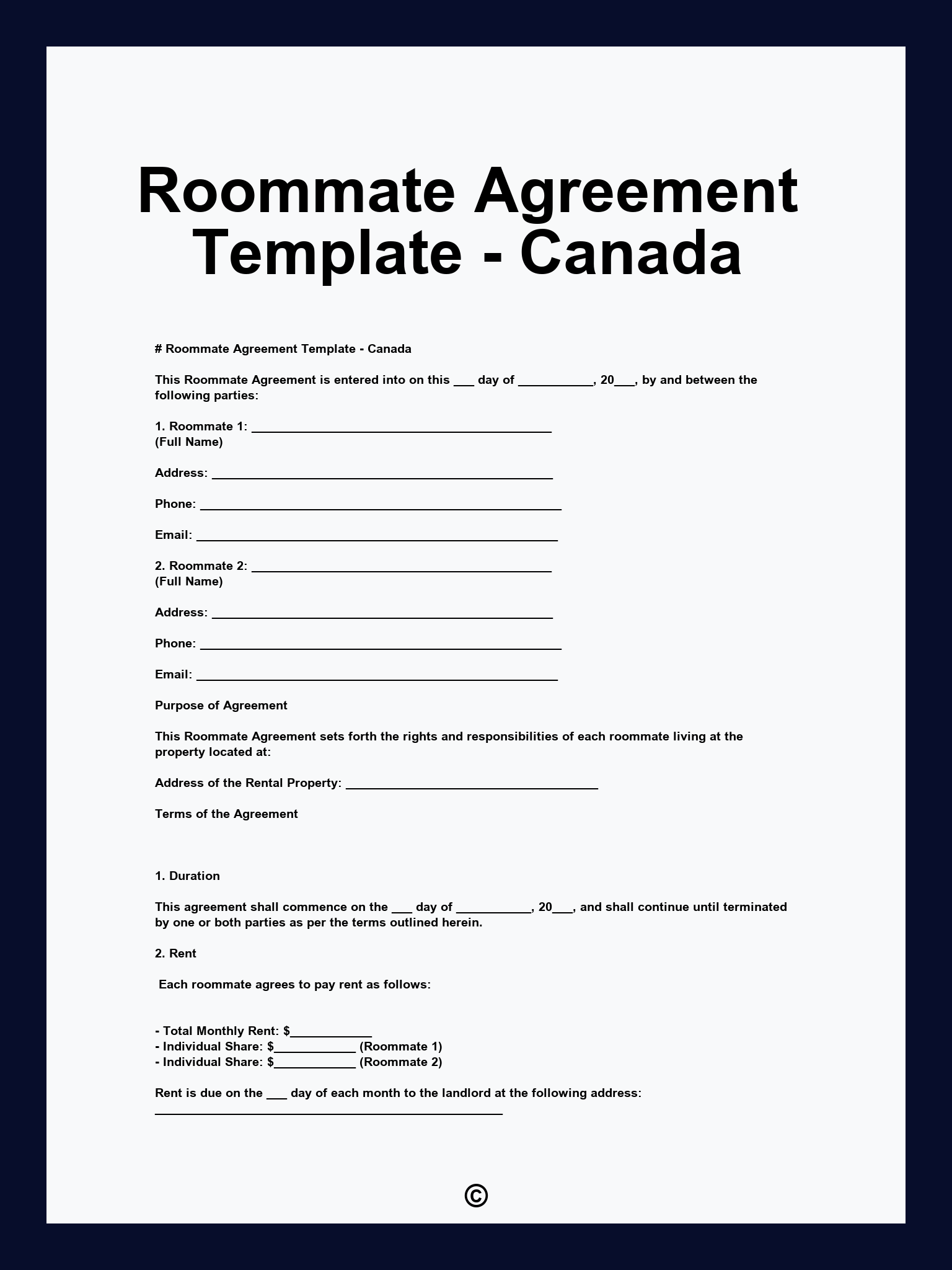 Roommate Agreement Template - Canada