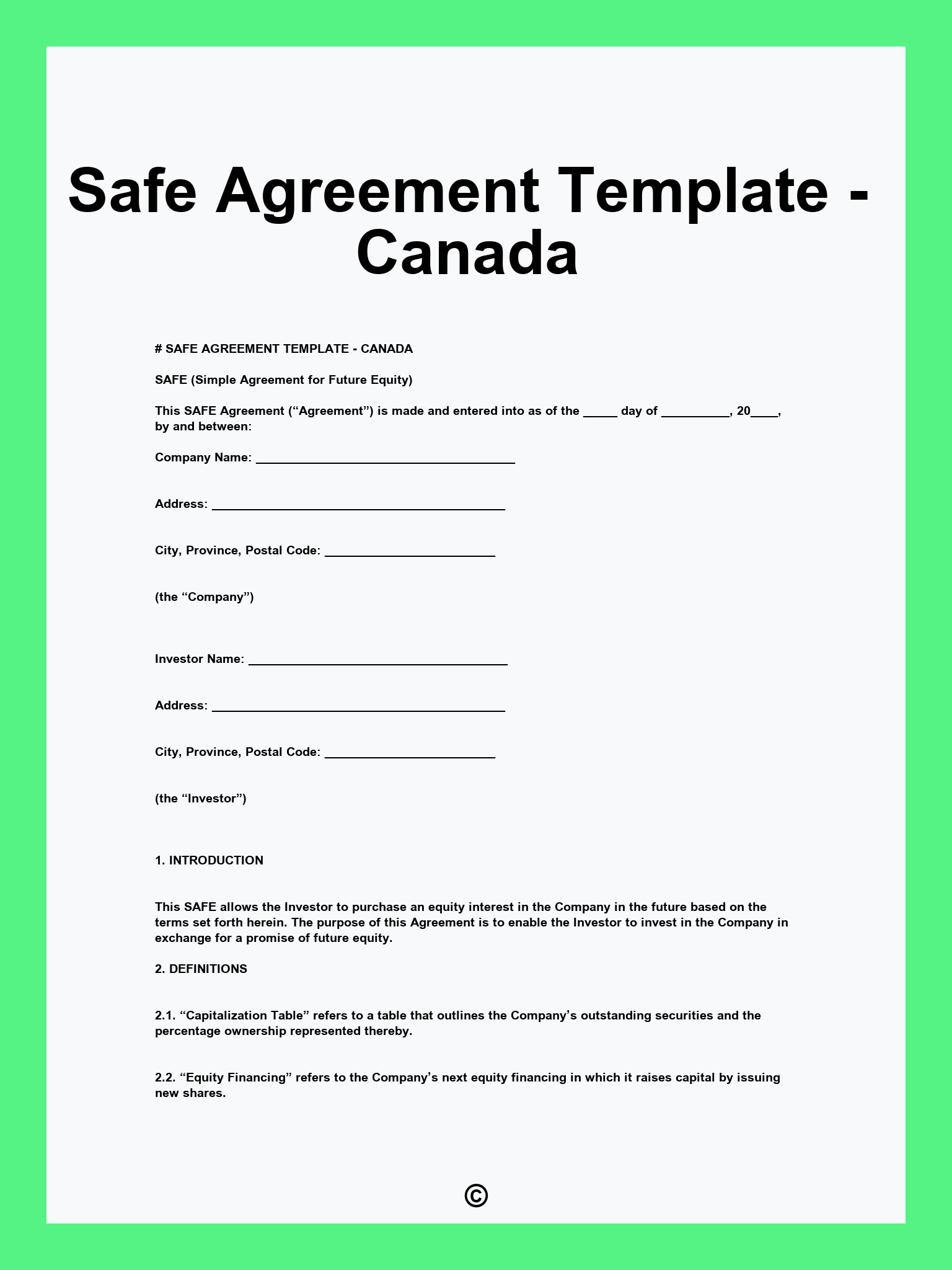 Safe Agreement Template - Canada