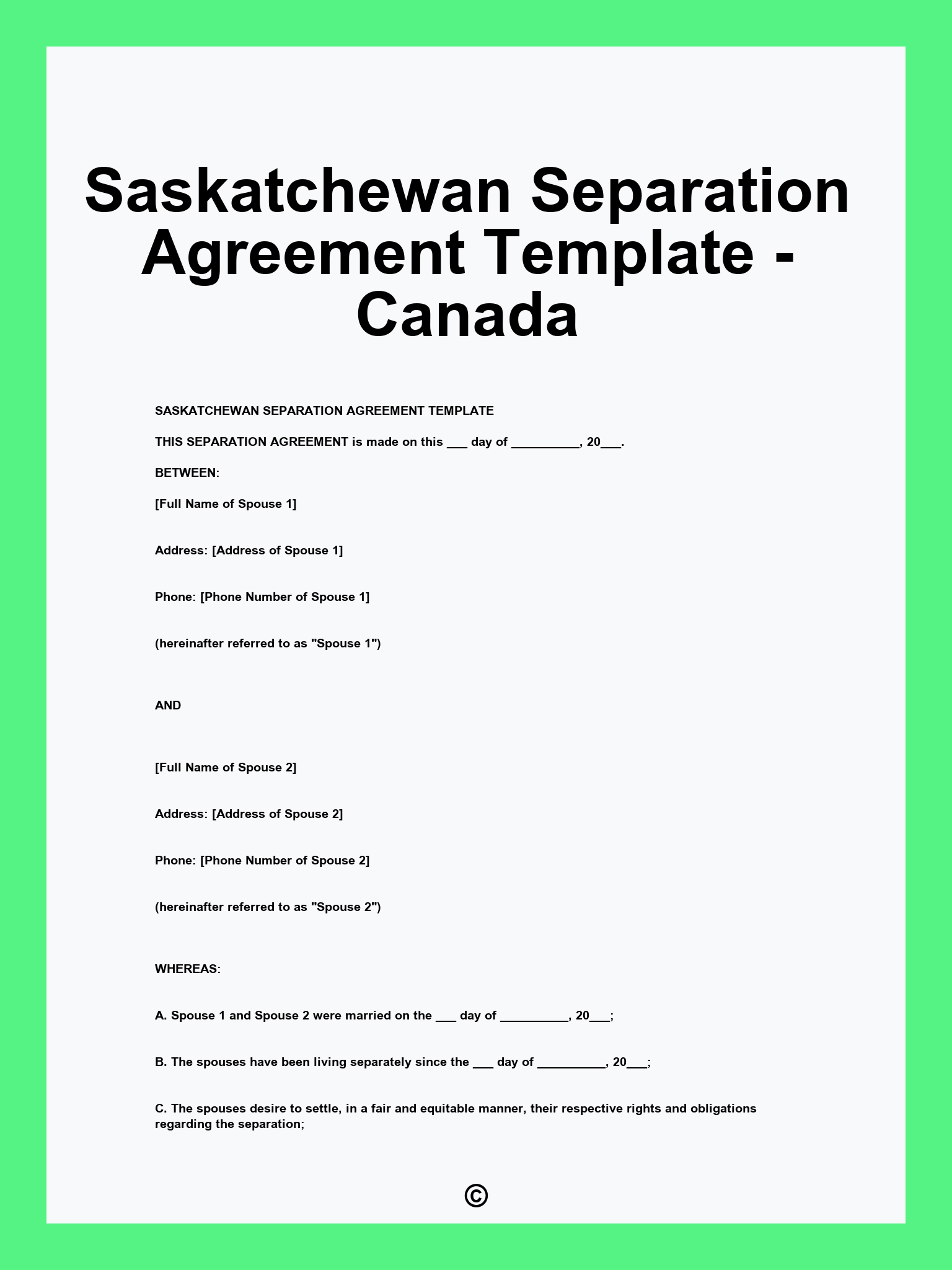 Saskatchewan Separation Agreement Template - Canada