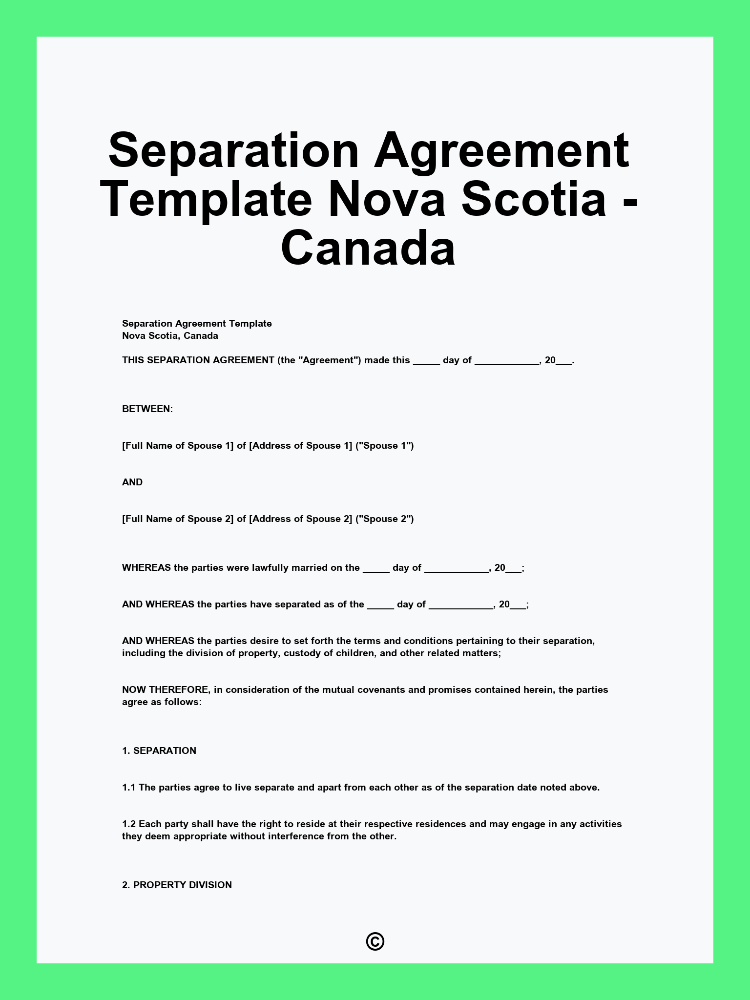 Separation Agreement Template Nova Scotia - Canada