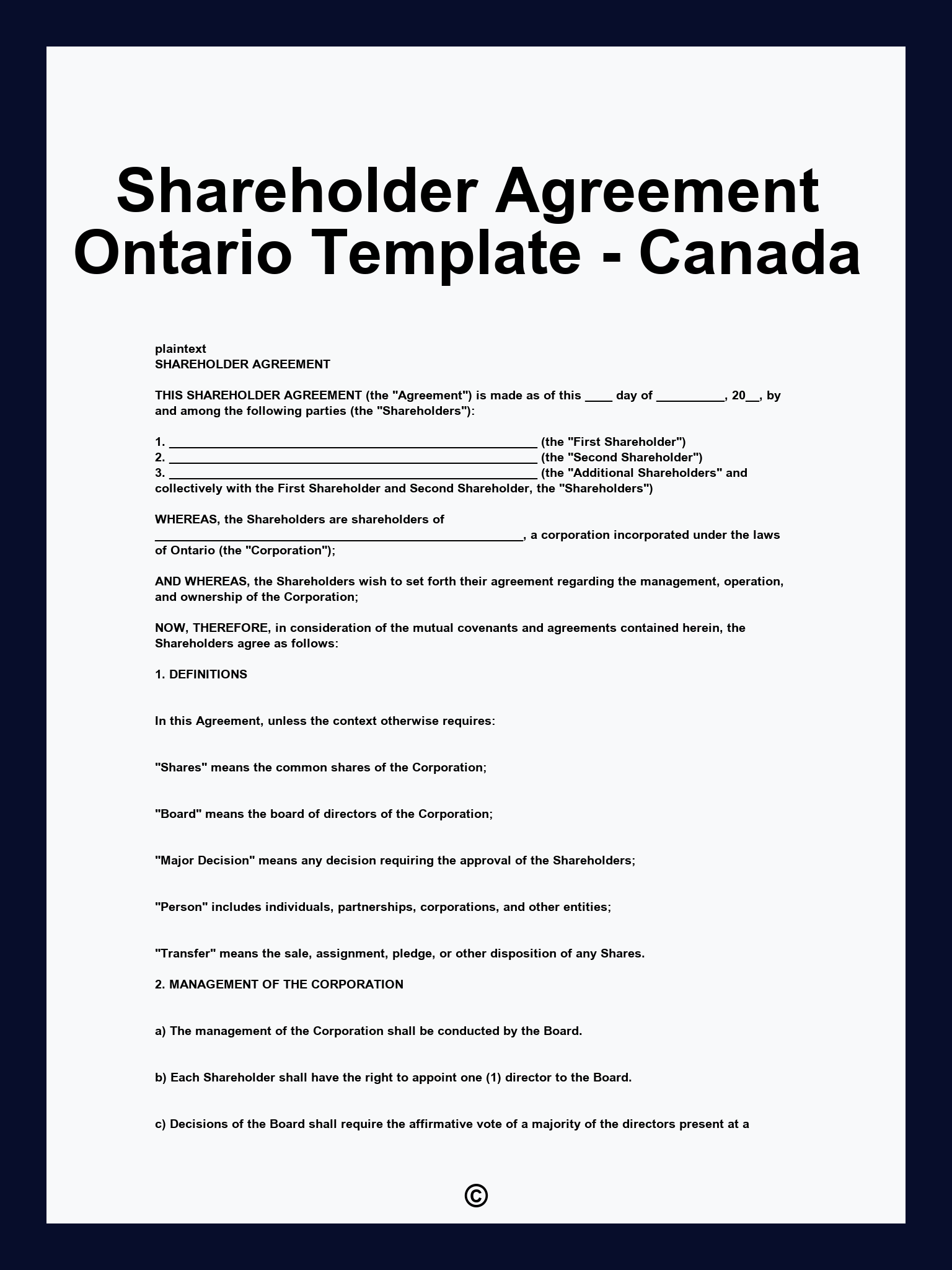 Shareholder Agreement Ontario Template - Canada