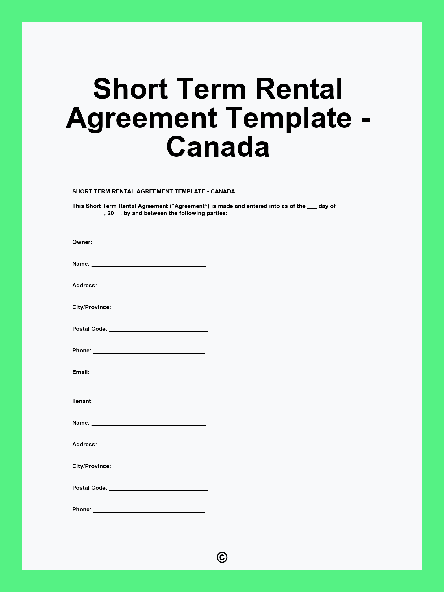 Short Term Rental Agreement Template - Canada